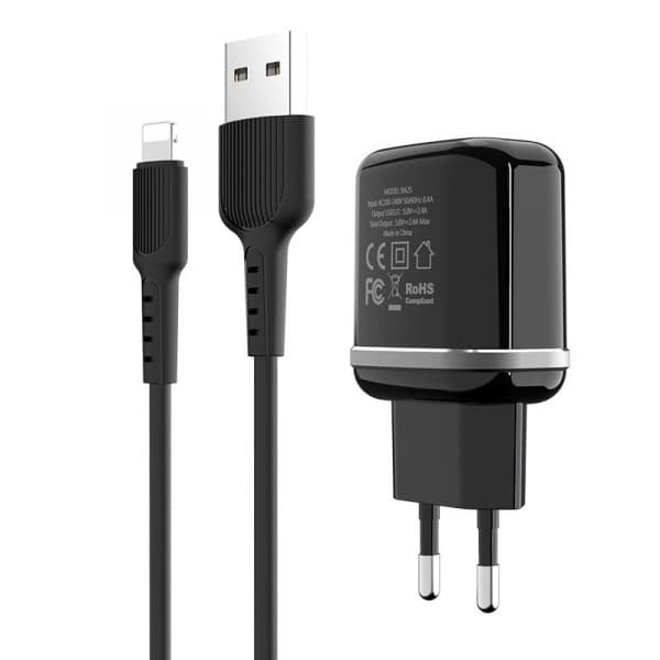 Комплект зарядки Lightning Borofone BA25A, 2 USB, 2.4А, черный
