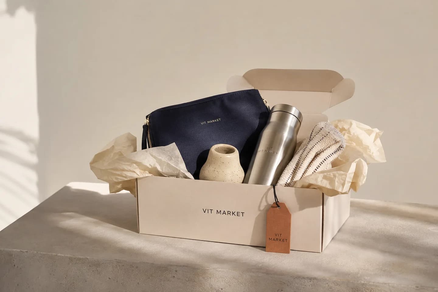 VIT MARKET box with a navy pouch, steel bottle, ceramic vase and towel