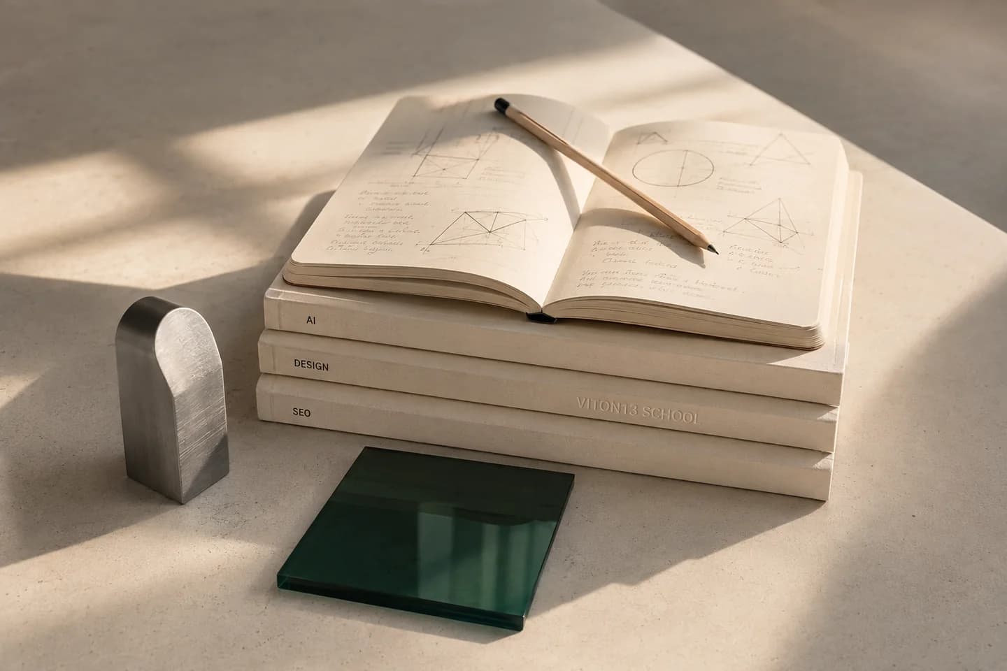 Stacked AI, Design and SEO notebooks with an open geometry sketchbook