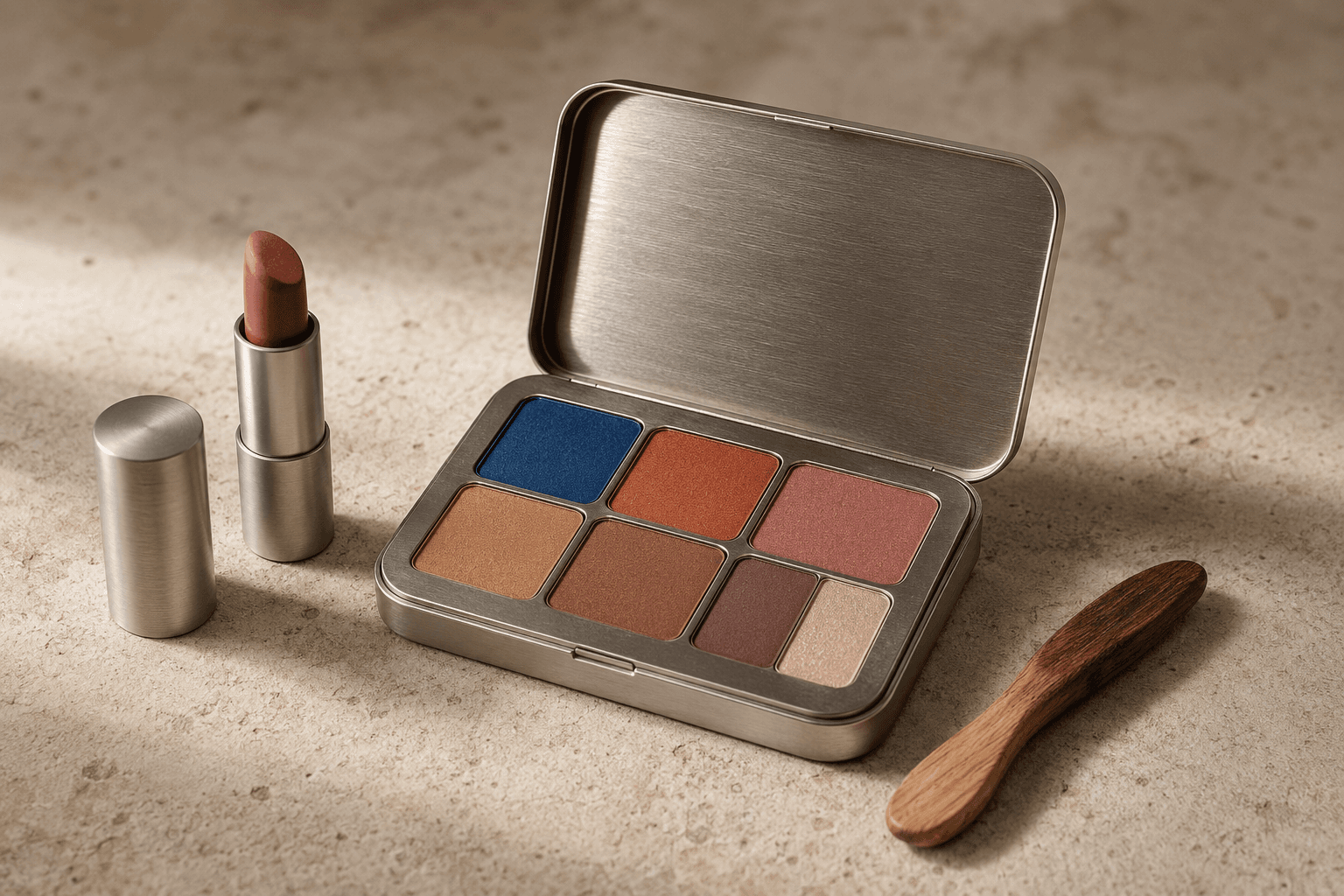 Paleta metálica sin marca, labial de aluminio y aplicador de madera bajo una luz natural cálida