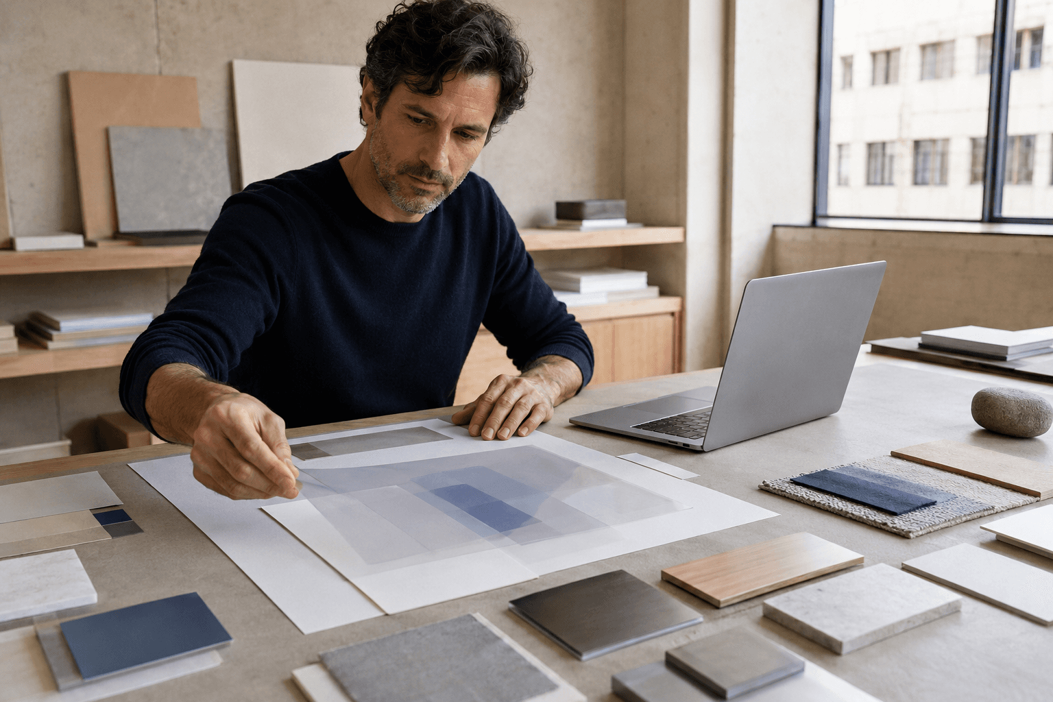 Director creativo organizando capas translúcidas de diseño junto a un portátil en un estudio luminoso