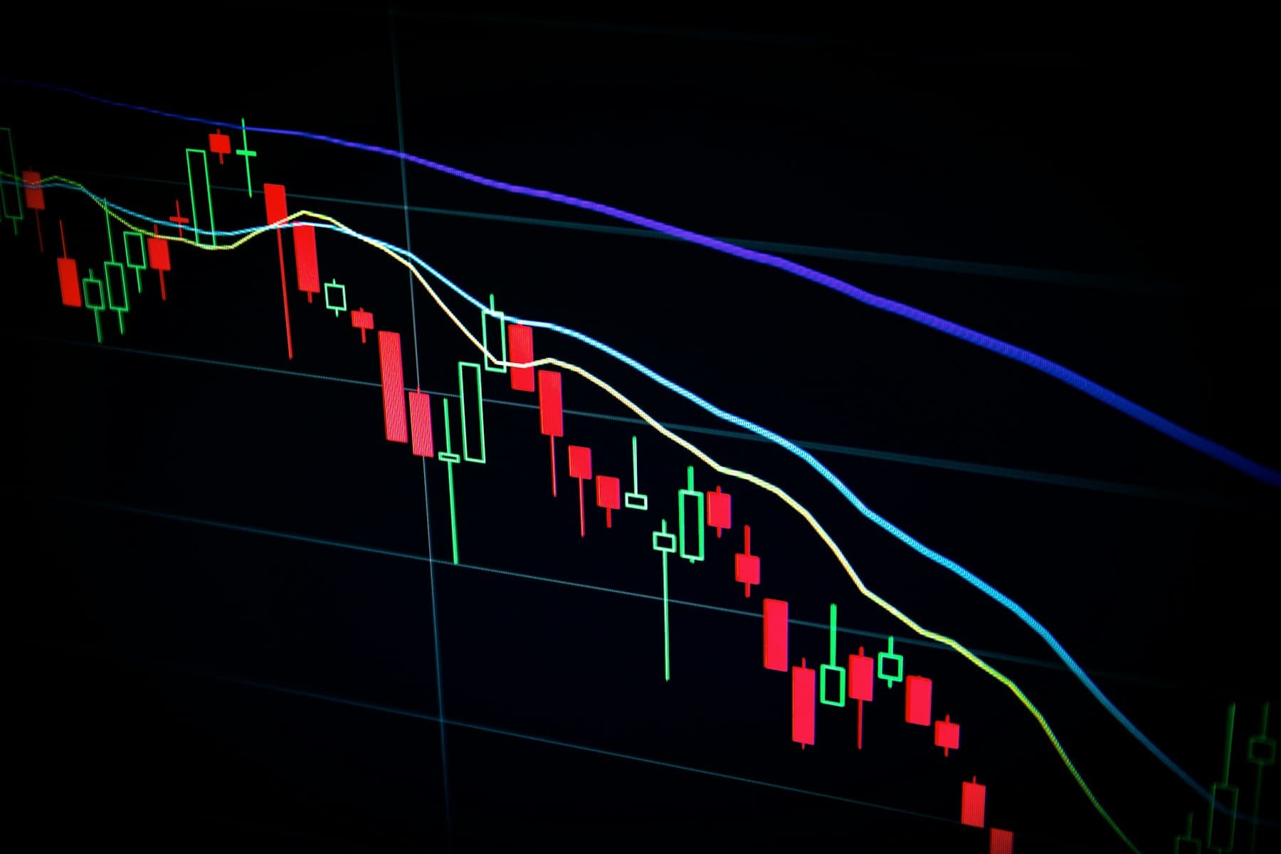 Gráfico de velas brillando en una pantalla oscura