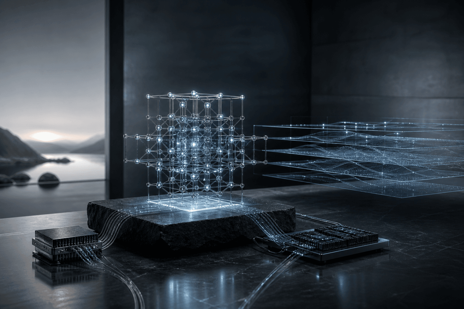A luminous lattice of connected nodes standing on a rough stone slab, wired to small computing hardware in a dark room