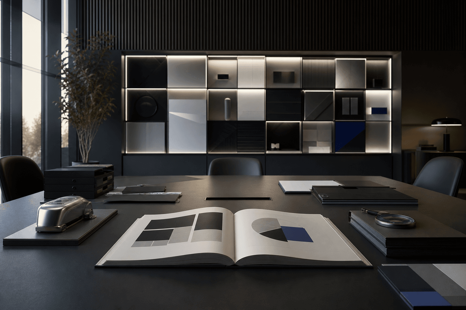 A dark boardroom table with an open book of grey and blue layout studies, a stack of sample boards and a magnifier, facing an illuminated wall grid of material panels
