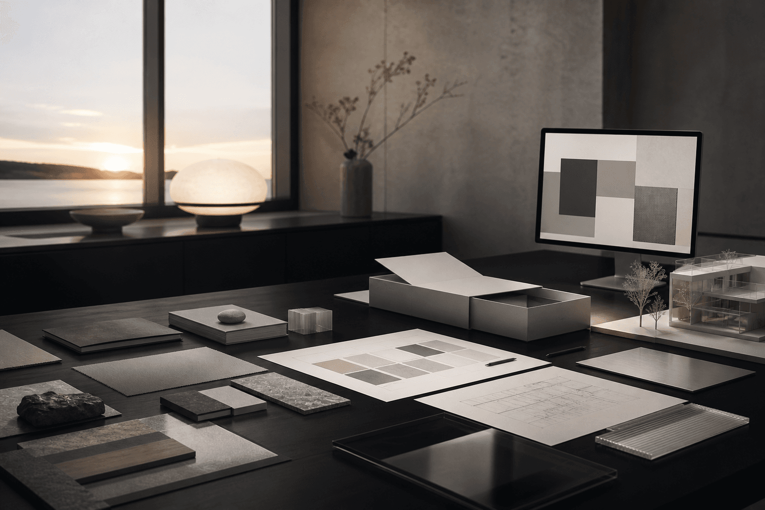 A design studio desk at dusk with material swatches, printed layout grids, an architectural model and a monitor showing an abstract page composition