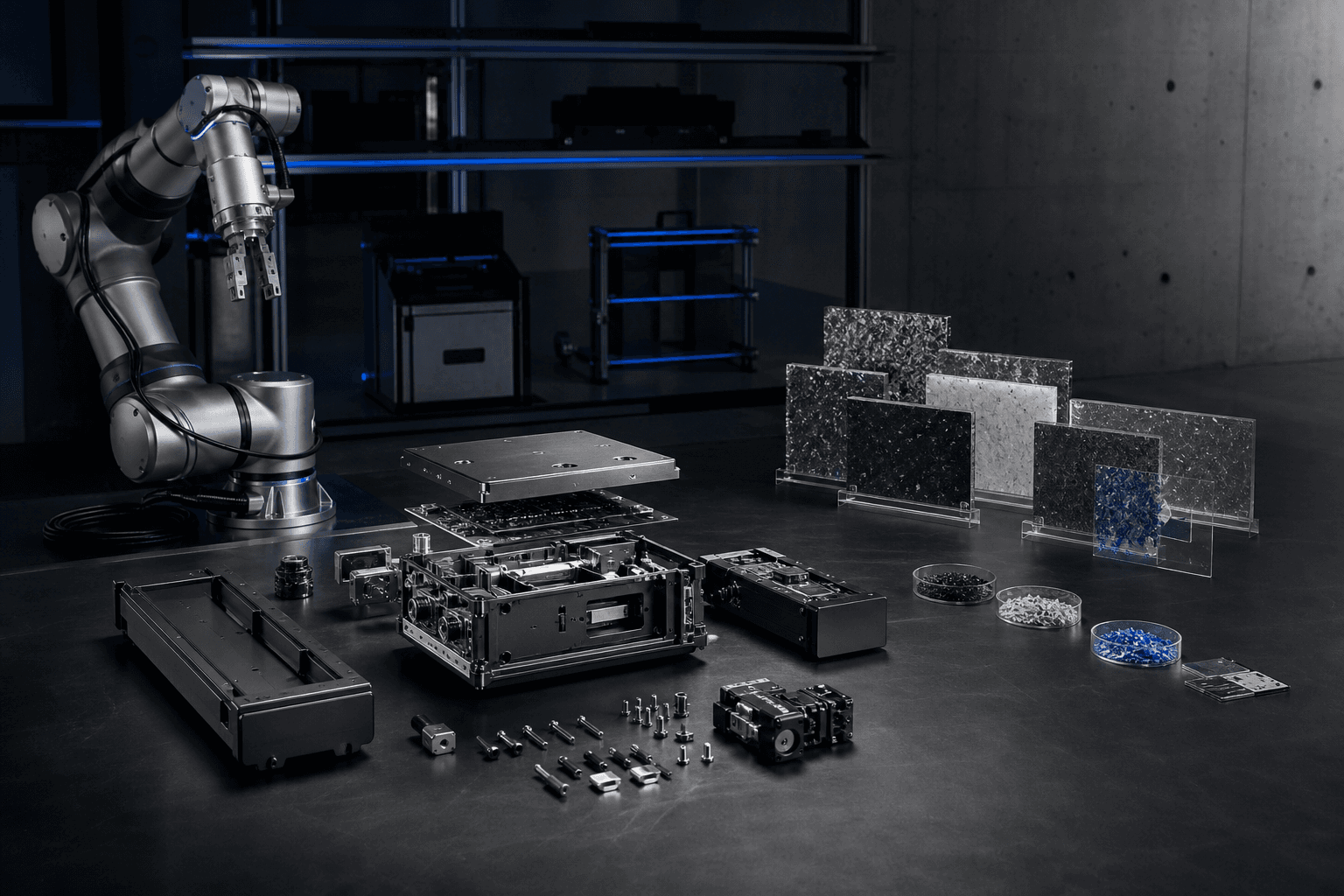A machine laid out in exploded view on a dark workshop bench, its housings, boards and fasteners separated into rows beside a robotic arm and trays of material samples