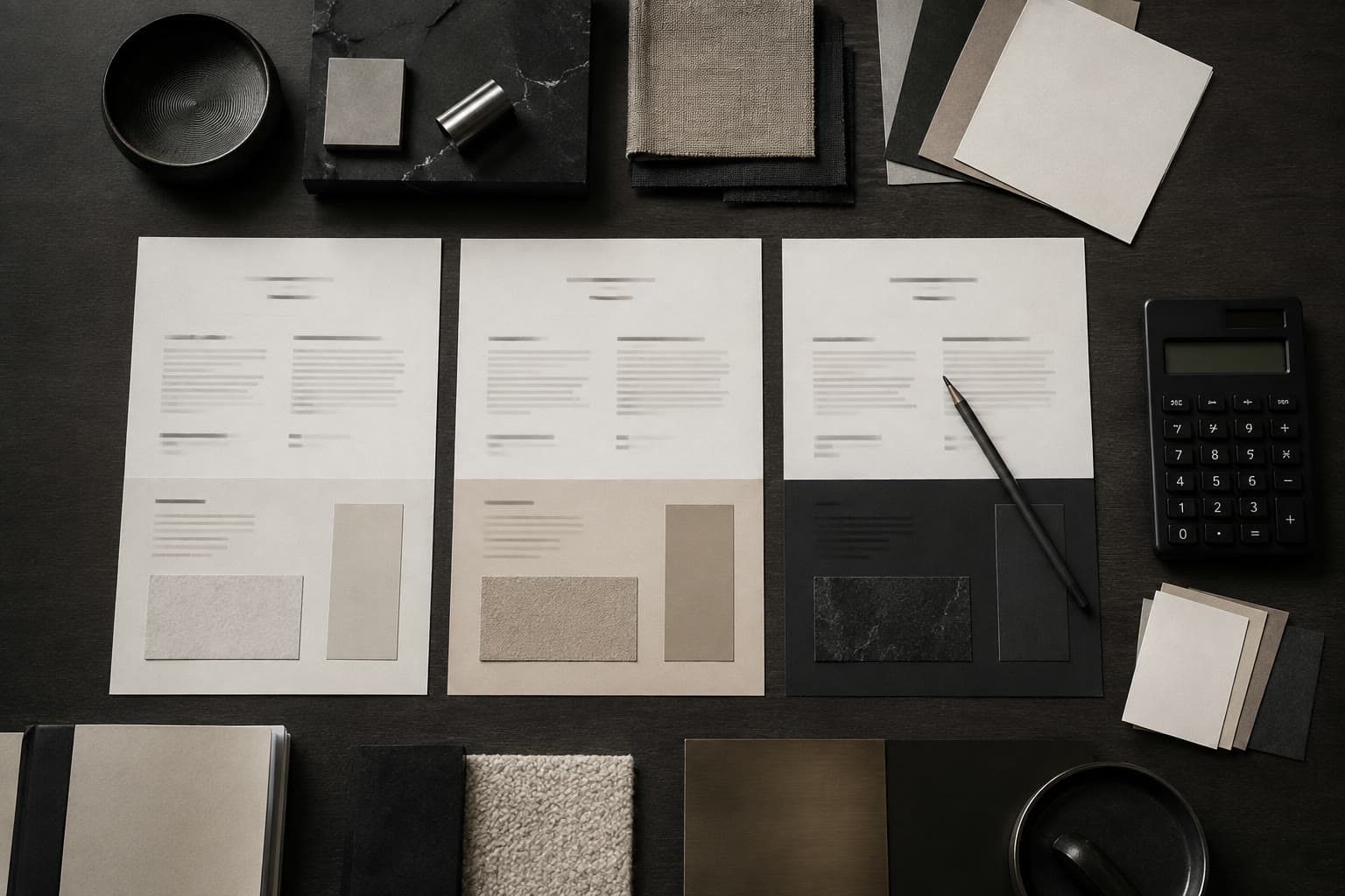 Three premium offer tiers arranged with material samples and a calculator on a dark strategy desk