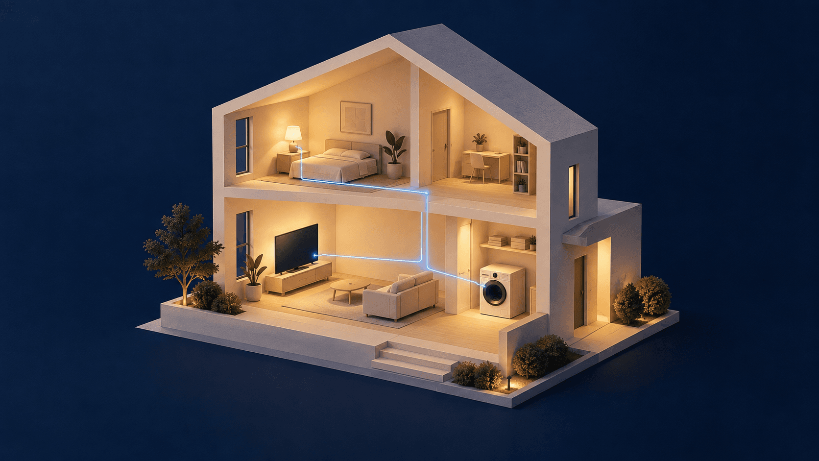 AI-assisted conceptual paper-model cutaway home with a TV, washer and lamp linked by blue light against a dark blue background; not an exhibit photo