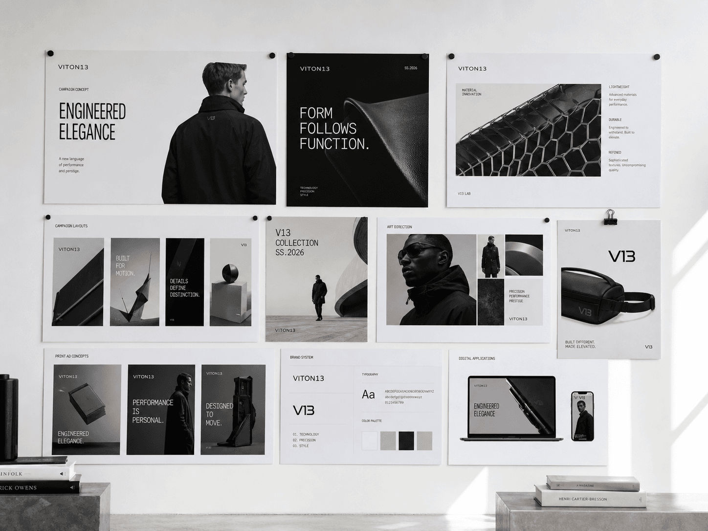 VITON13 ad creative campaign board with poster layouts, product visuals, typography studies, and monochrome brand art direction