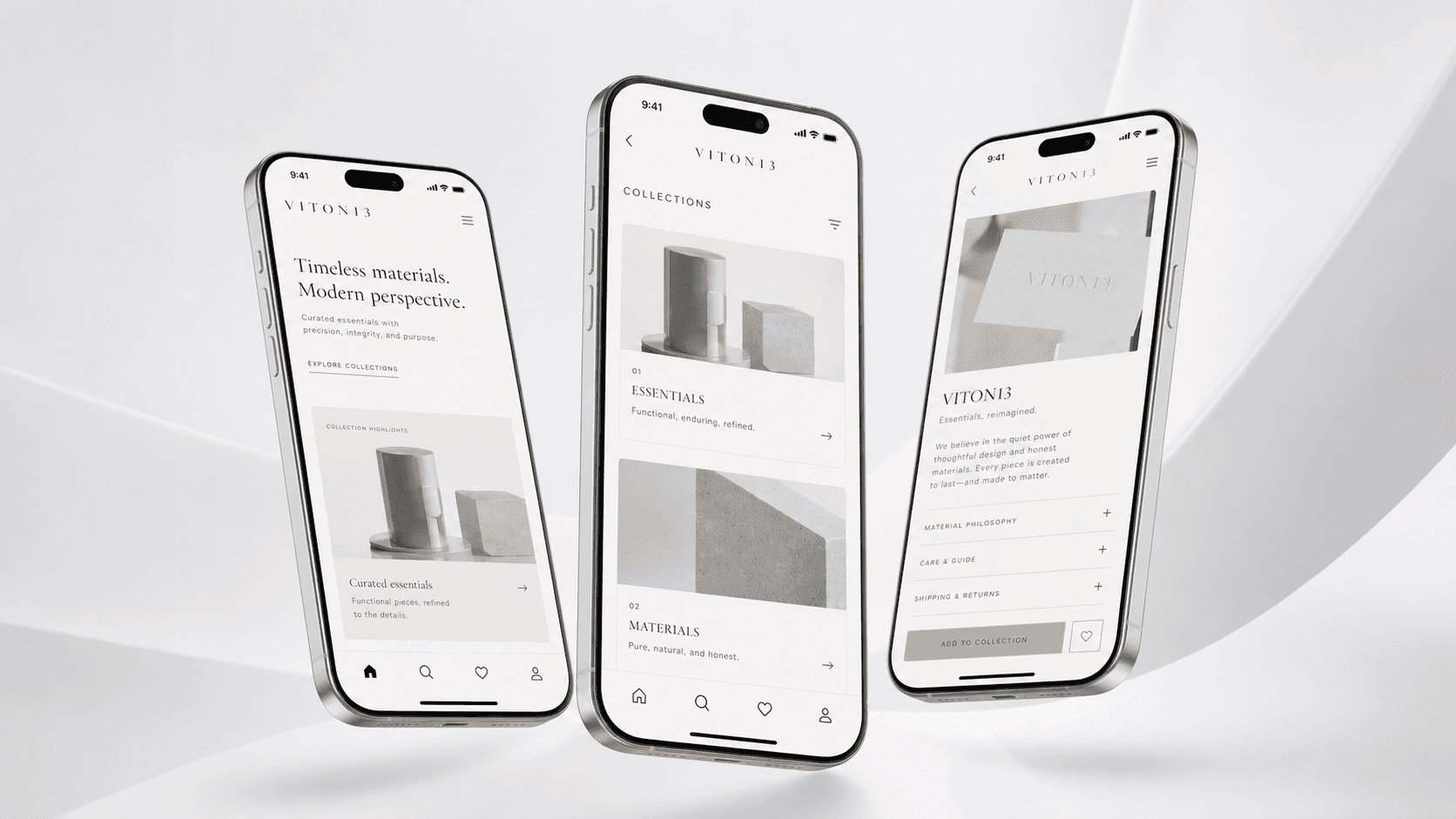 VITON13 mobile app design showcase with three iPhone screens, premium monochrome product interface, and minimalist ecommerce app presentation