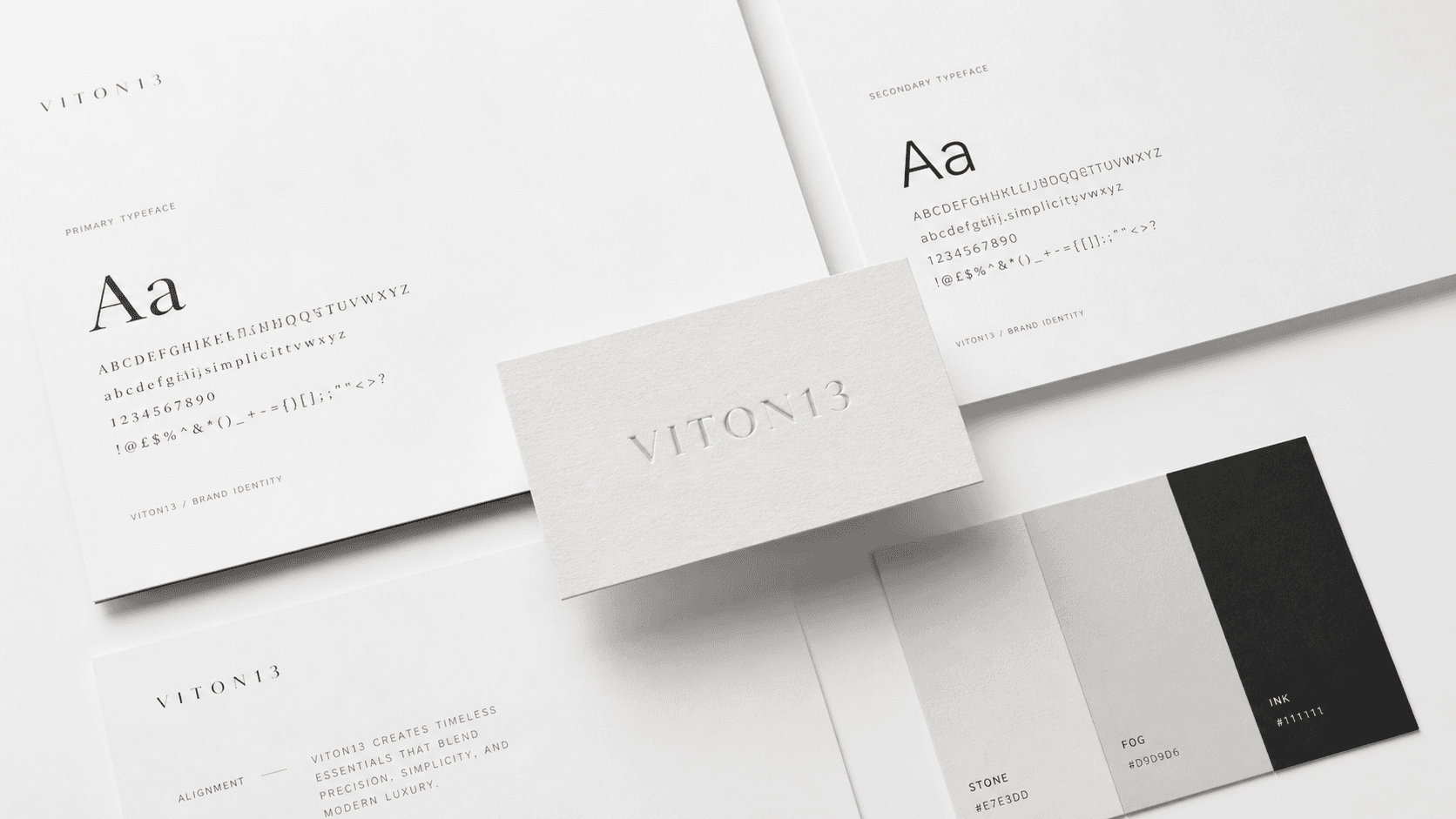 VITON13 brand typography and color system presentation with embossed business card, serif and sans type exploration, and premium monochrome identity palette