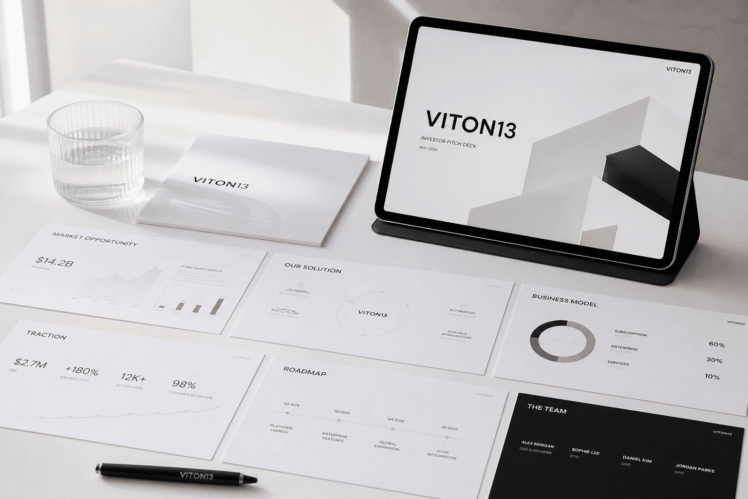 VITON13 investor pitch deck design shown on tablet and printed presentation sheets with business model, traction metrics, and roadmap slides