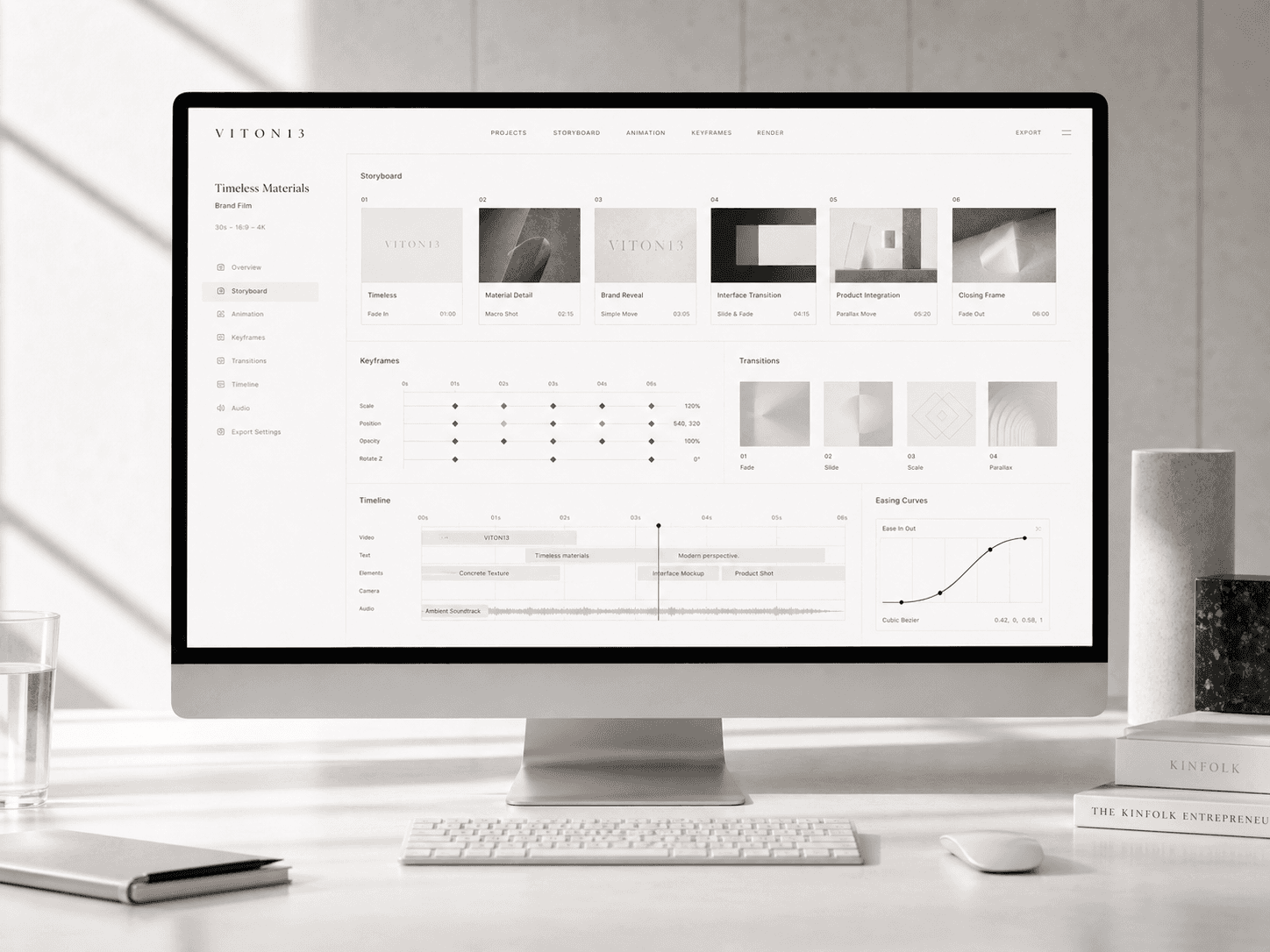 VITON13 motion design storyboard shown on desktop with animation timeline, keyframes, transitions, and brand film sequence planning