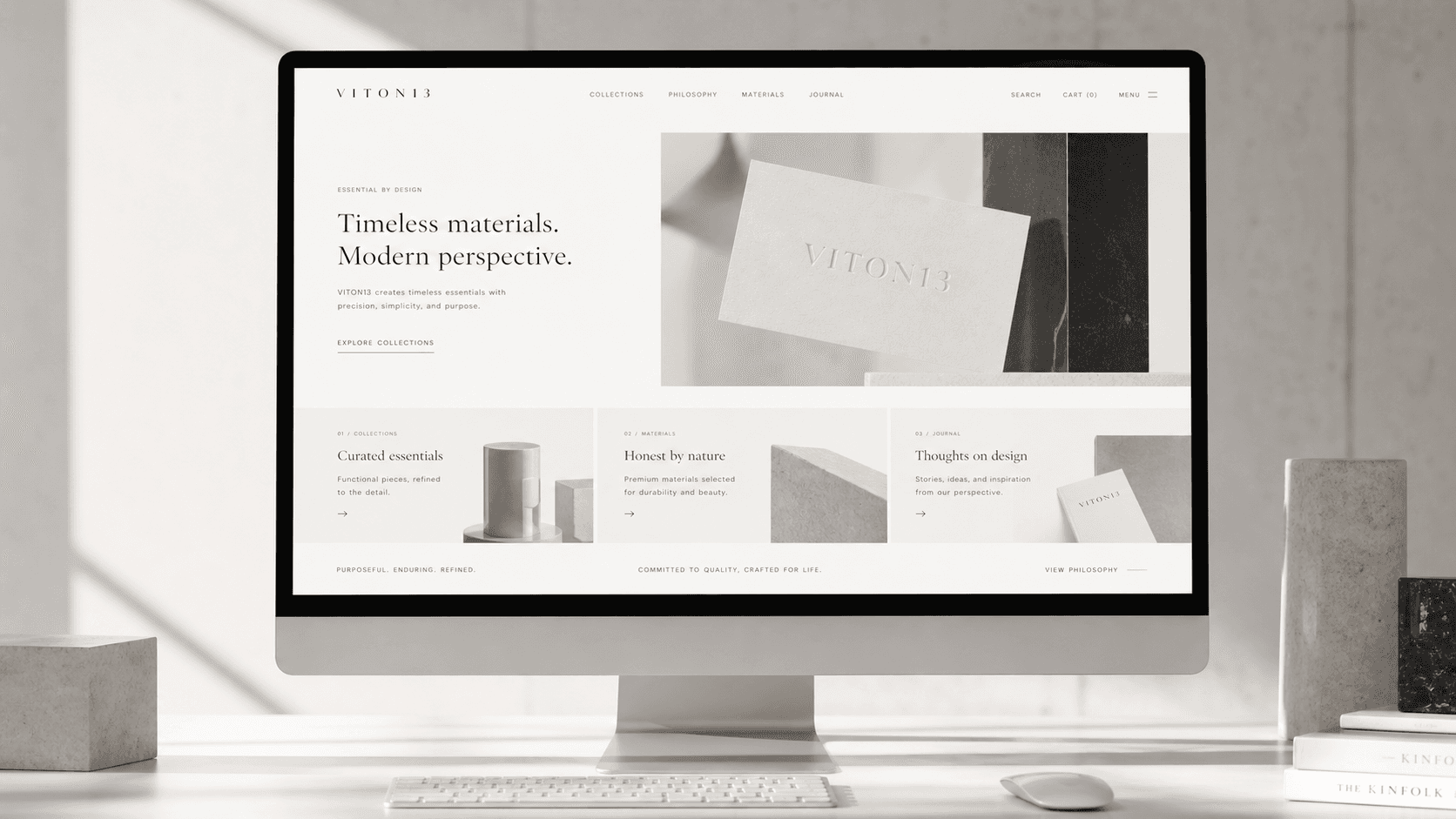 VITON13 website design desktop showcase on an iMac display with premium minimal ecommerce layout, editorial navigation, and luxury monochrome interface design