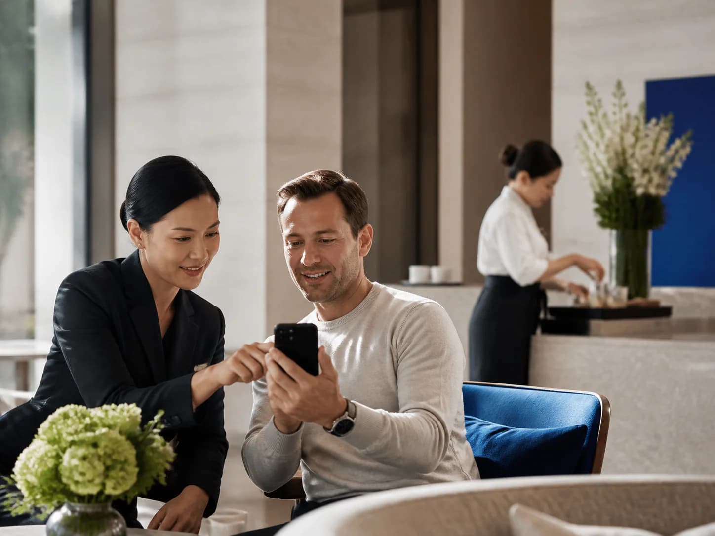Un client et une professionnelle utilisent une plateforme mobile de réservation