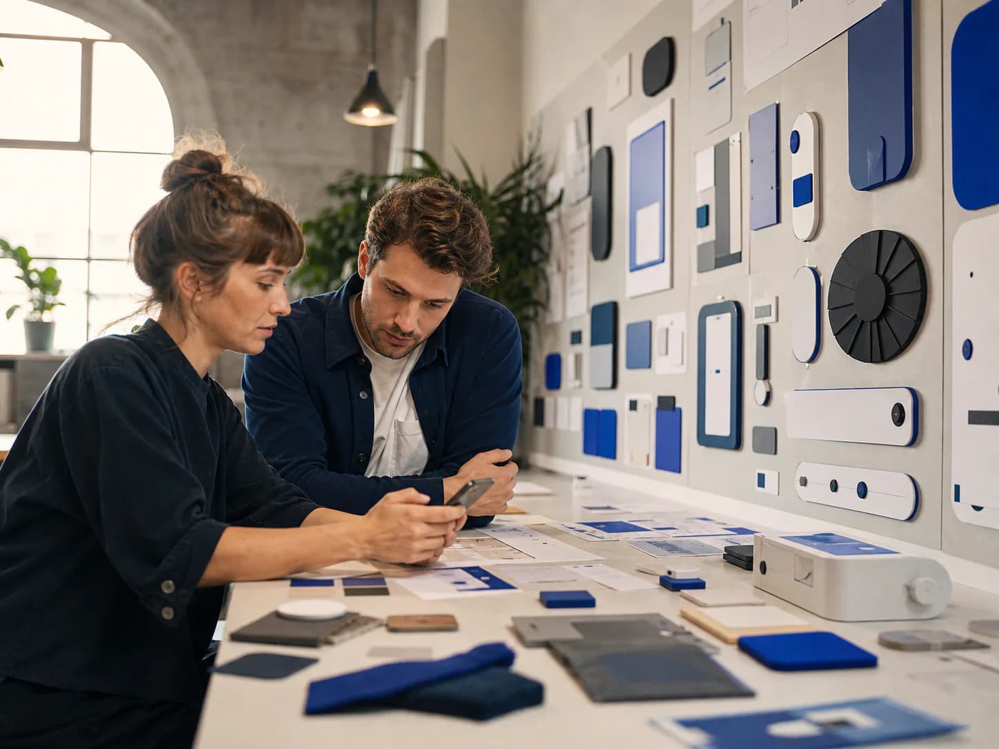 Une designer produit et un ingénieur examinent un système d’interface