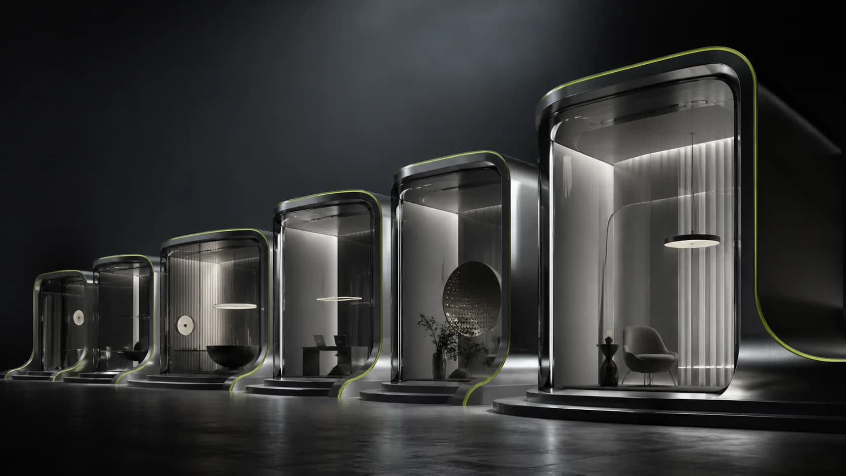 Six illuminated architectural portals forming one VITON13 service system