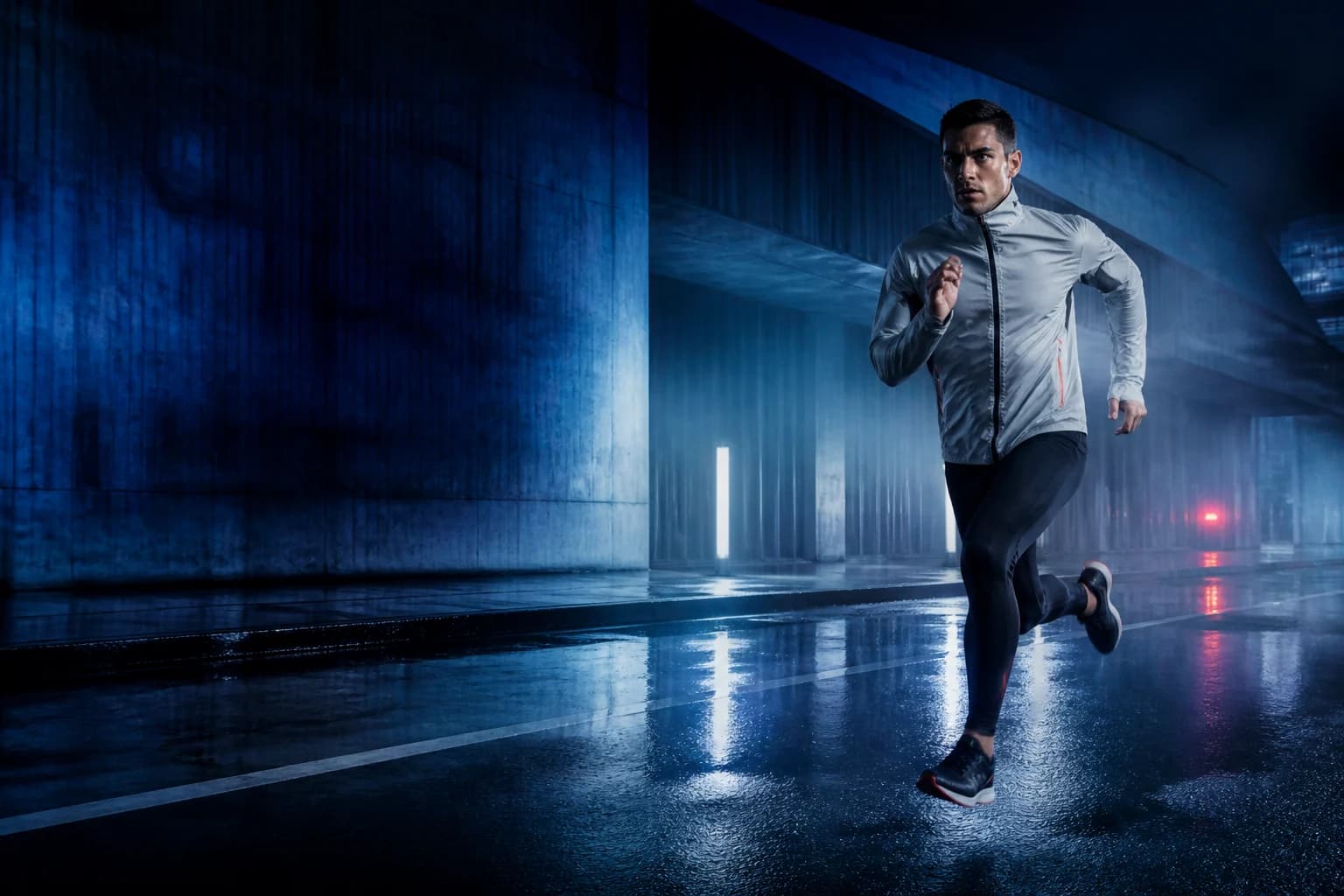 Original VITON13 sports campaign with a runner in a cobalt city scene