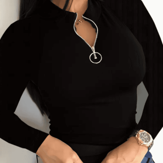 Color Zip-Up V-Neck T-Shirt For Women