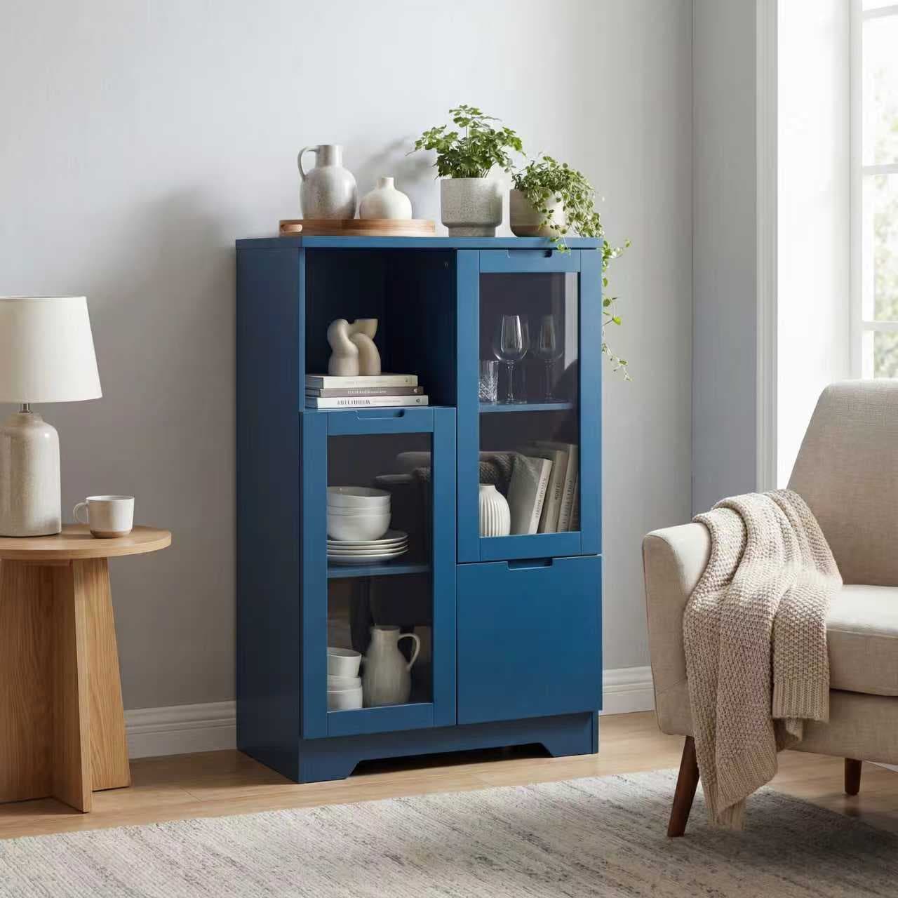 MDF Painted Cabinet With Glass Doors And Drawer, Open Storage Space, Navy Blue ,Bedroom, Living Room