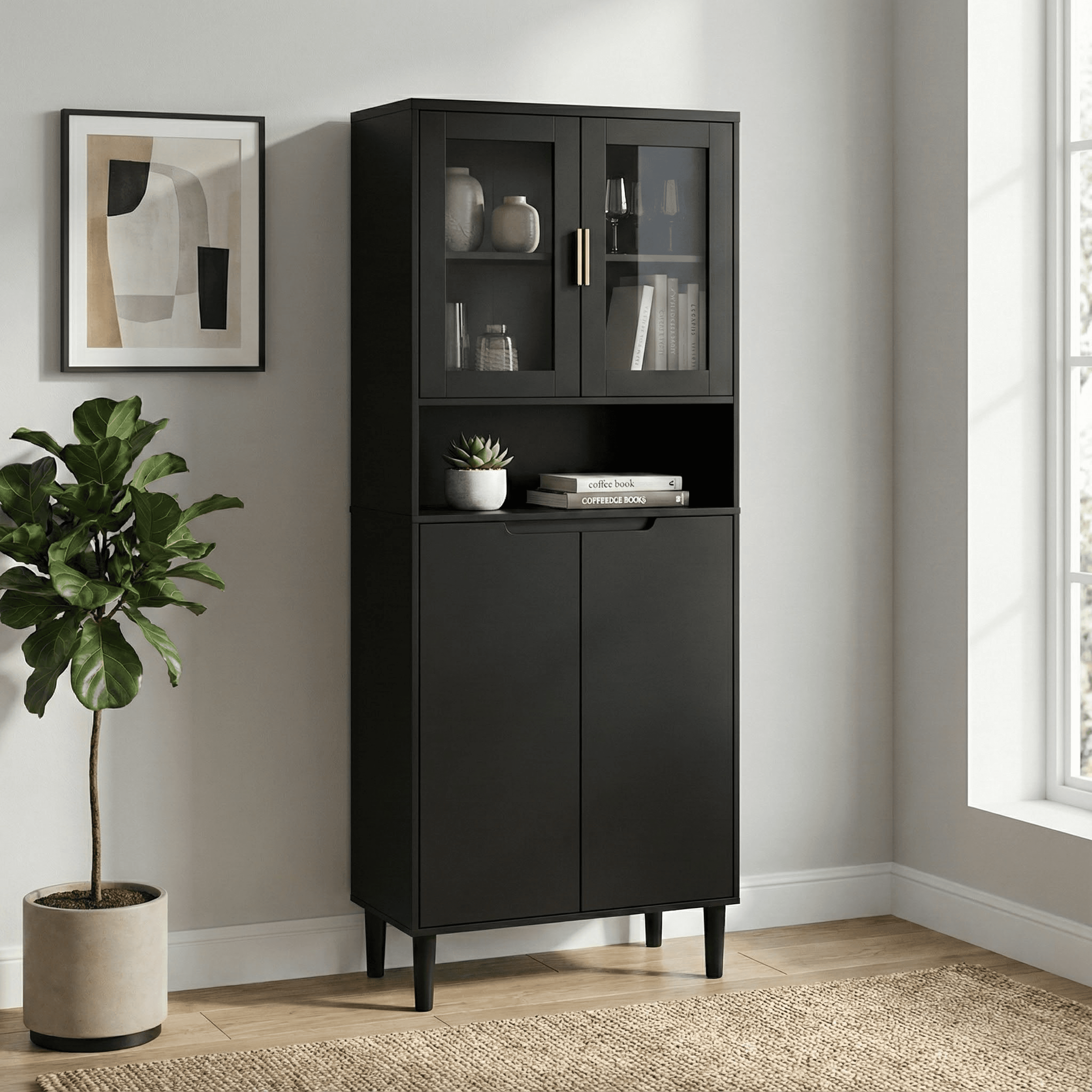 Tempered Glass Door Tall Storage Bookcase With Adjustable Board, 4 Doors MDF Painting Finished Cabinet, Black, Living Room Bedroom Storage