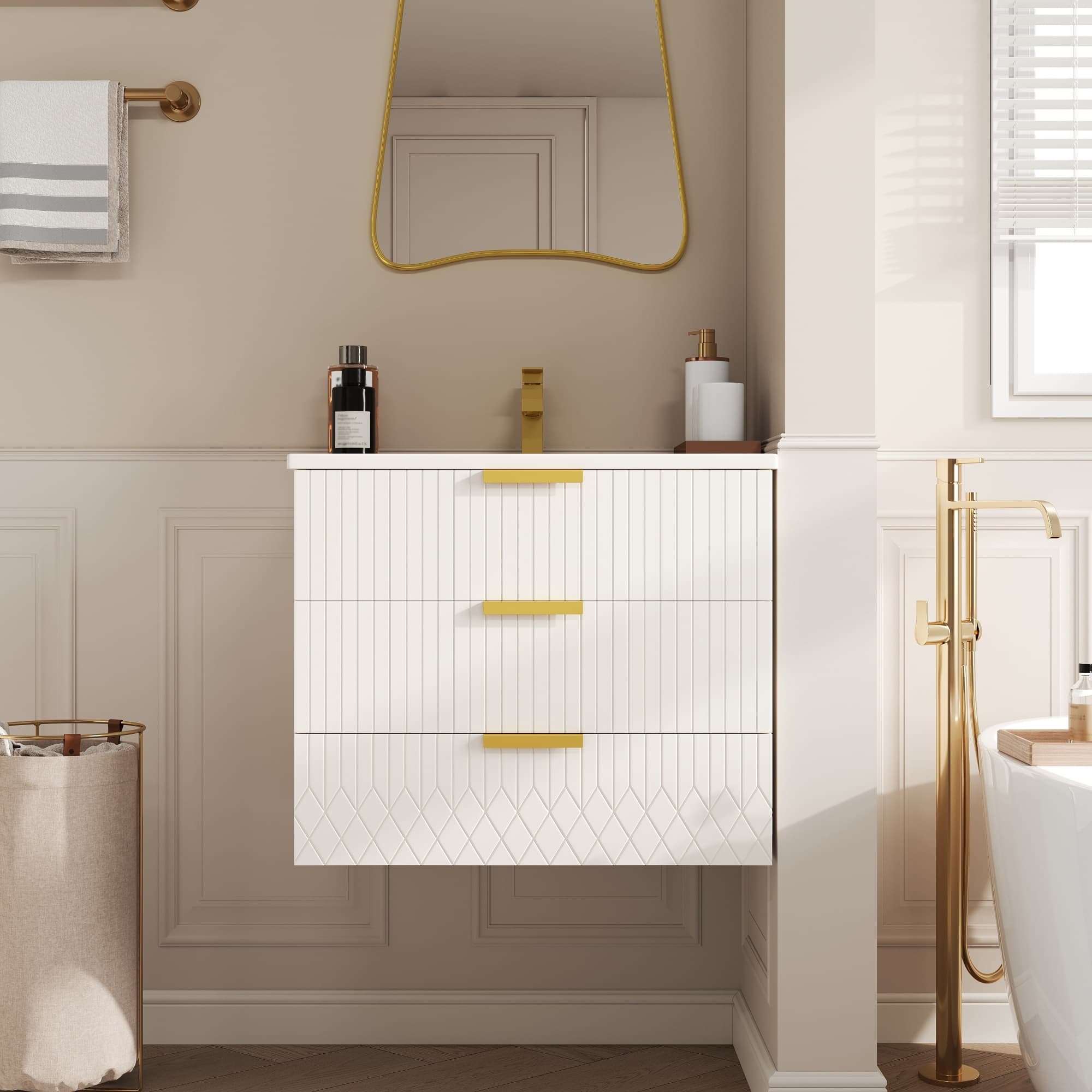 24inch Wall Mounted Floating Cabinet W Double Drawer, Floating Rectangular Vanity Small Bathroom Sink With Single Faucet Hole And Overflow, Modern Bathroom Cabinet With Ceramic Basin Sink