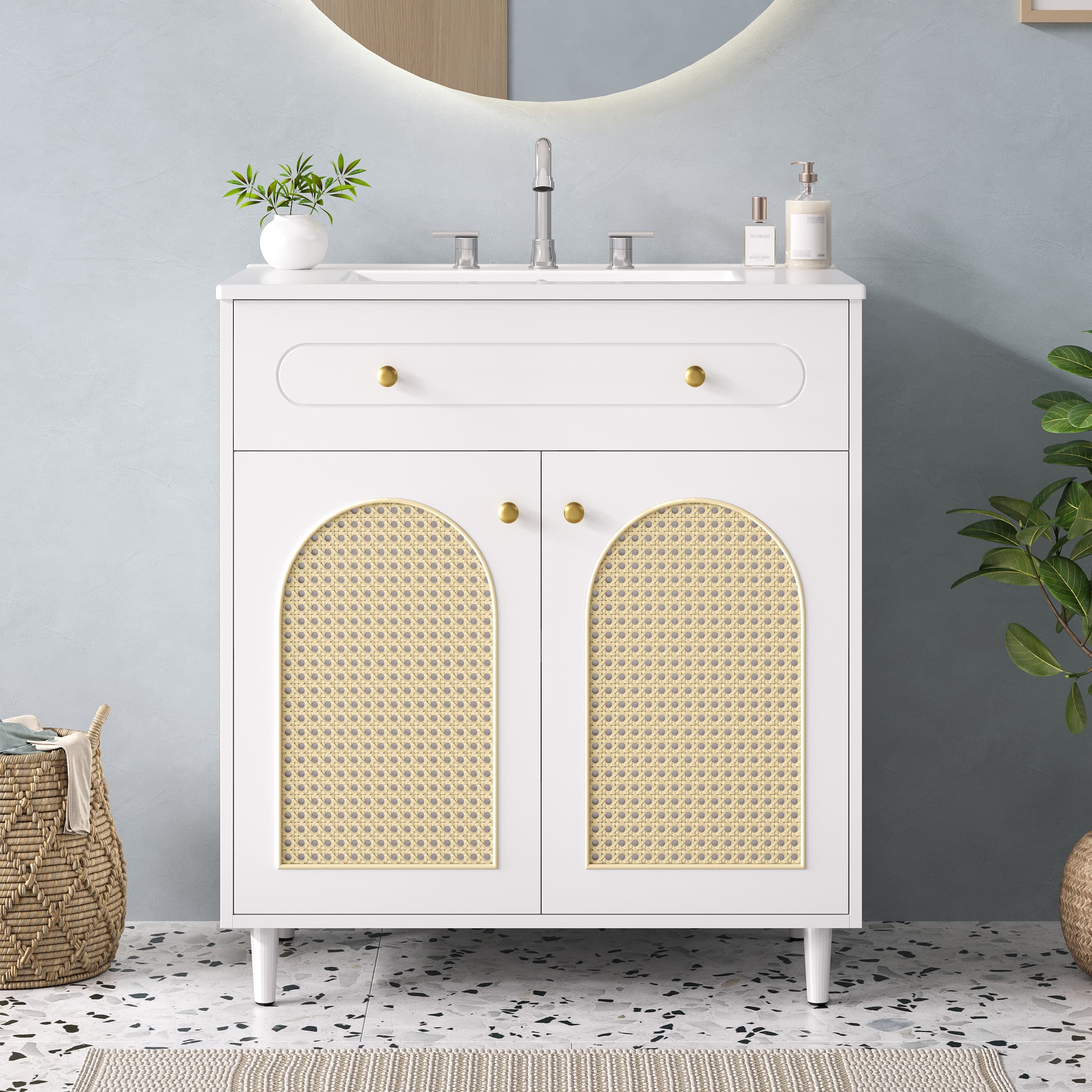 30 Bathroom Vanity With Ceramic Sink, Solid Wood Frame Bathroom Sink Cabinet With Adjustable Shelf, Tip-Drawer, Rattan Front Panels