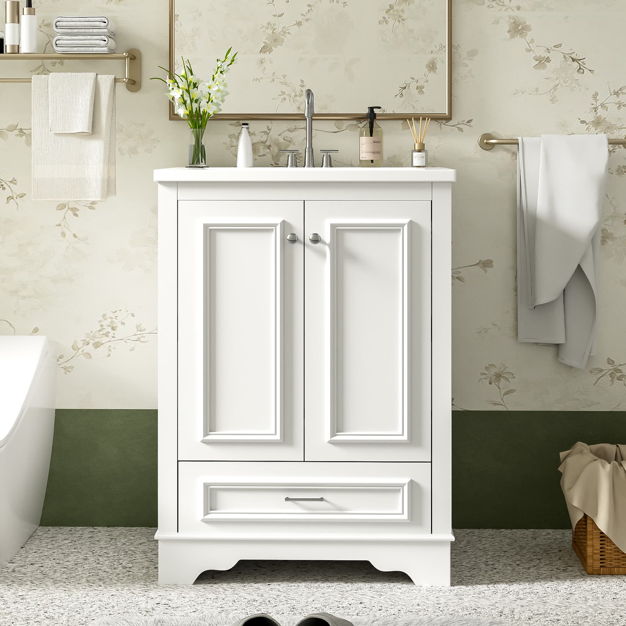 24'' Bathroom Vanity With Ceramic Sink Combo, Modern Freestanding Storage Cabinet With Silver Handles, Soft Closing Doors