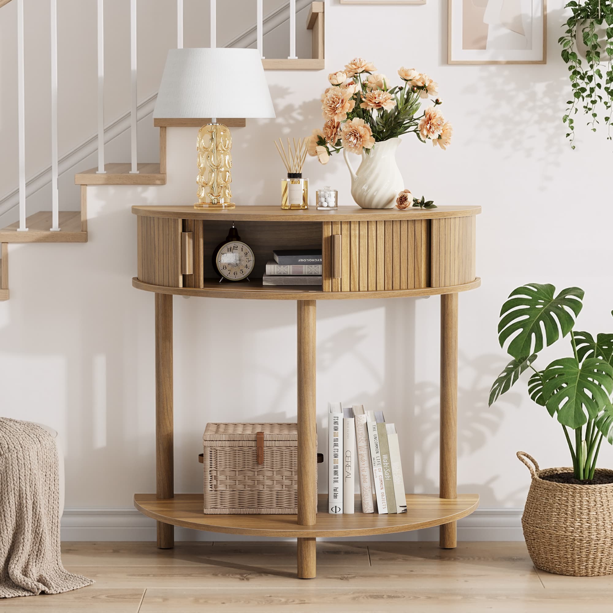 31.5-Inch Grooved Half-Moon Console Table, Farmhouse Sofa Table Behind Couch, Modern Entryway Table, Decorative Table For Living Room, Hallway, Entryway Or Foyer Narrow Entry, Walnut