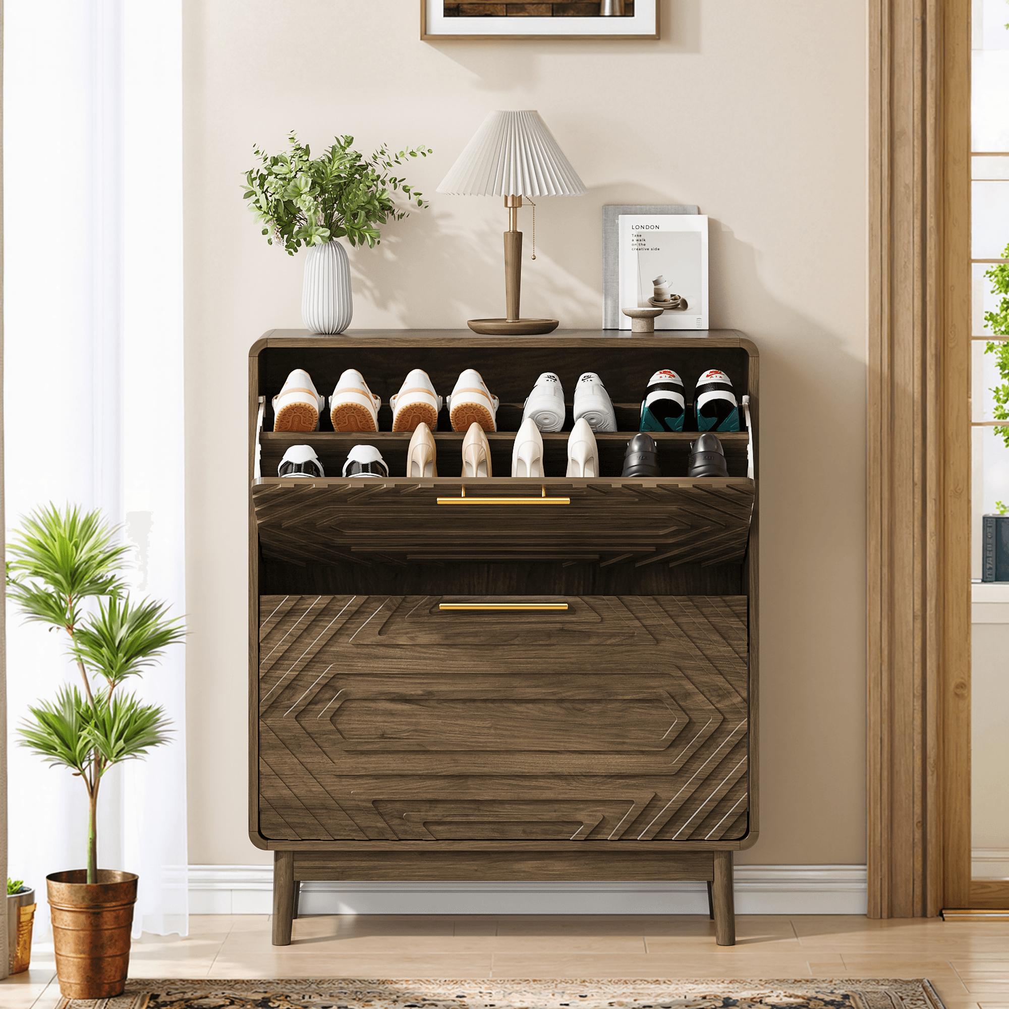 31.5 Walnut Shoe Cabinet, Mid-Century Modern Freestanding Shoe Cabinet, Freestanding Organizer With 2 Flip-Top Drawers, Suitable For Entry, Hallway And Foyer