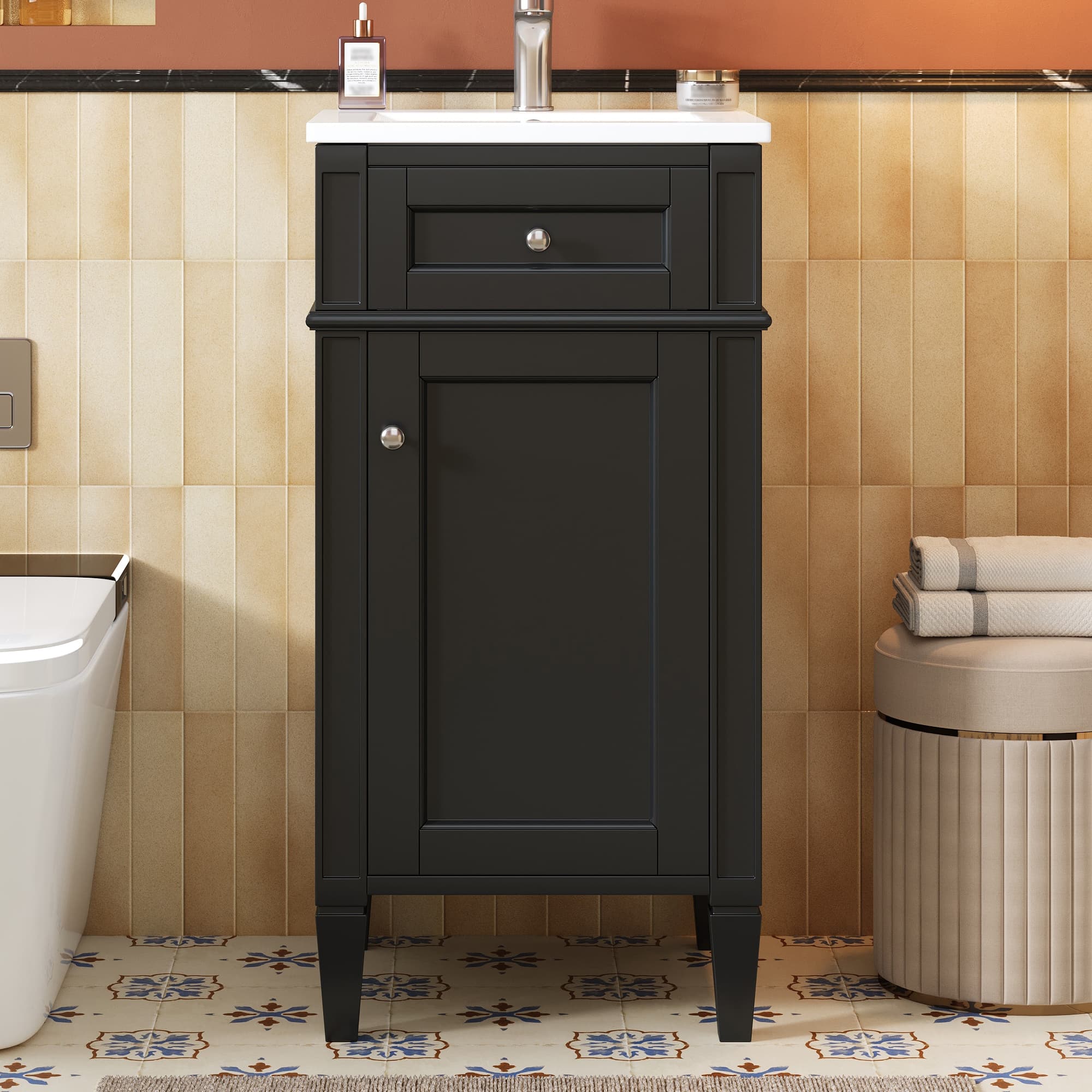 16-inch Bathroom Vanity With Ceramic Sink, Freestanding Single Vanity Set With Soft Closing Door, Adjustable Shelf, French Style, Solid Feet, Black