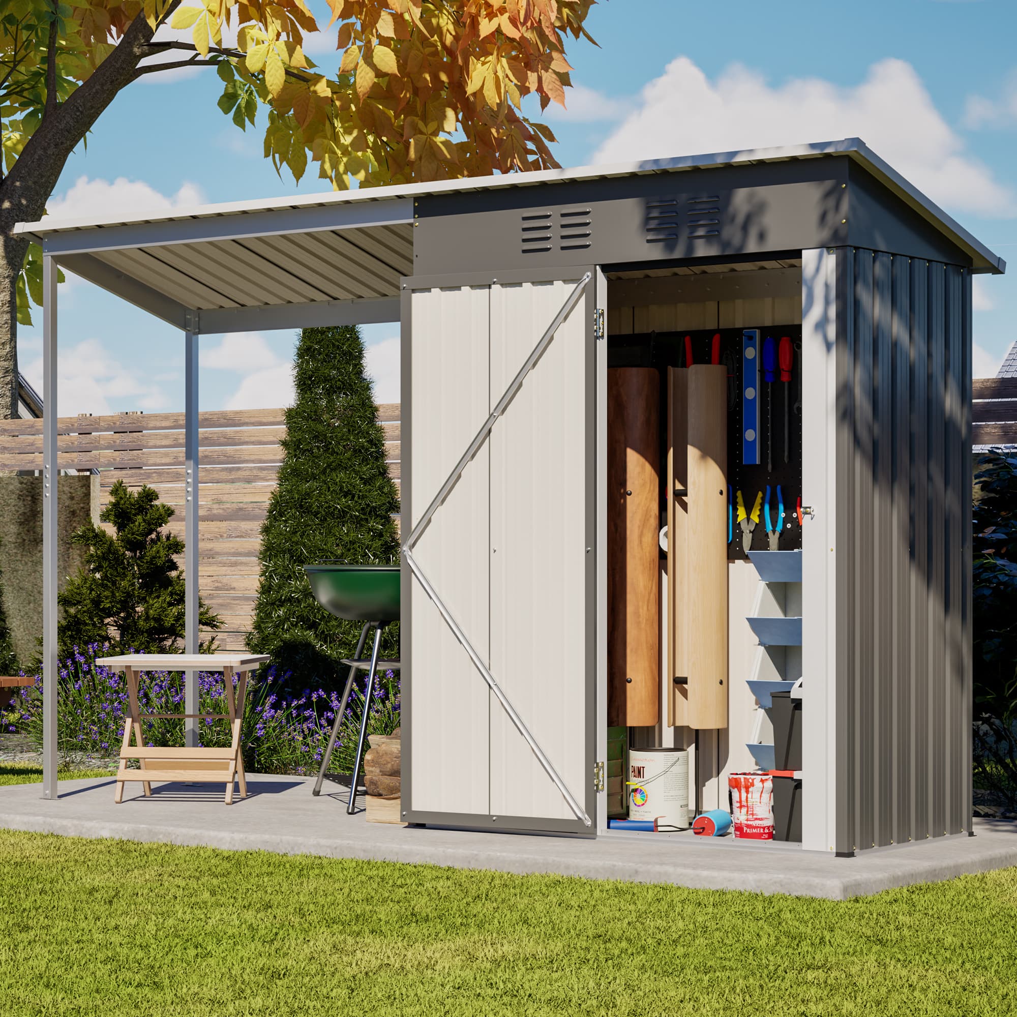 Durable 5x3FT Galvanized Steel Shed & Gazebo Combo, Easy Assembly Lean-To Storage With Open Pergola, All-Weather 2-in-1 Garden Shed For Tool Storage, Patio