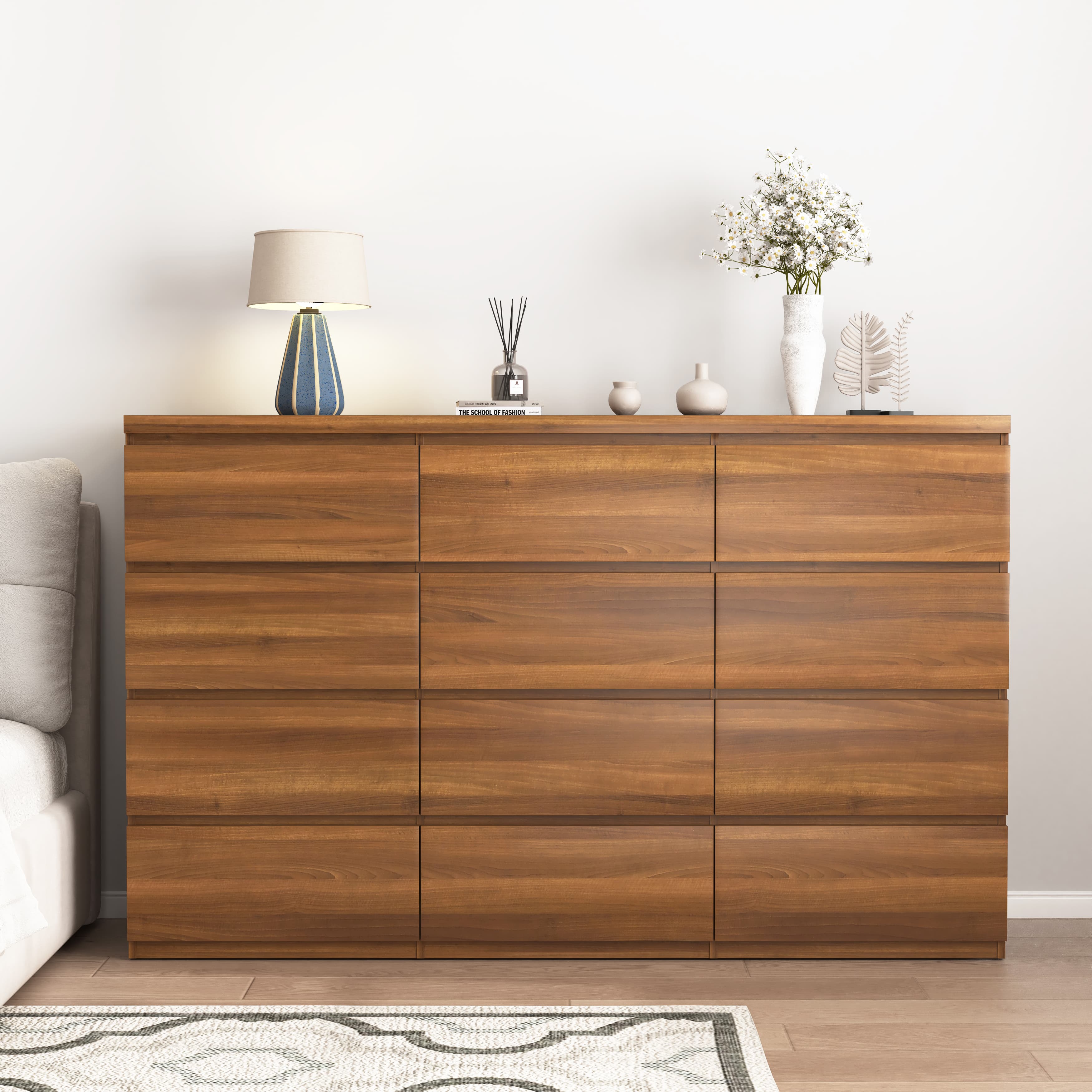 12 Drawers Double Dresser, Modern Wood Dresser Chest Of Drawers With Large Storage Space For Bedroom, Walnut