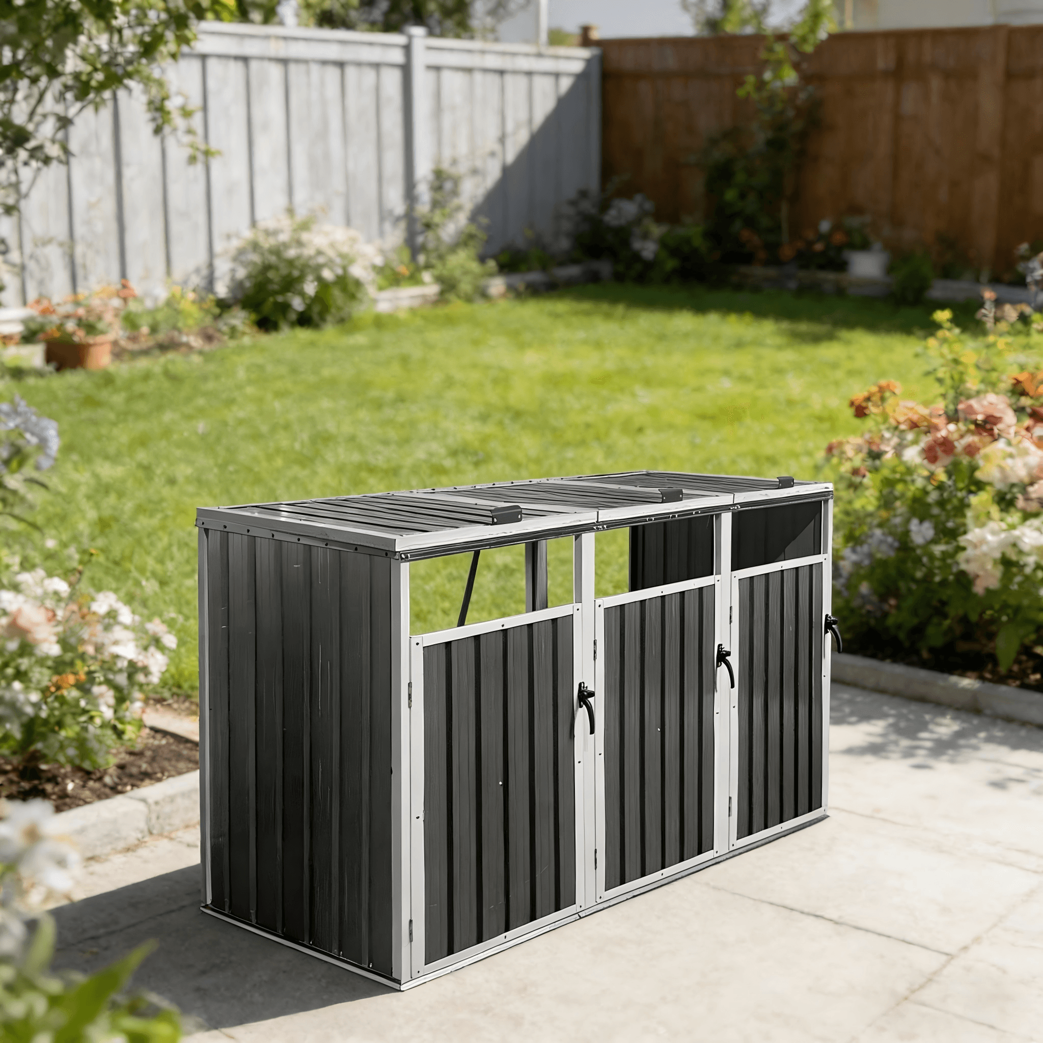 Garbage Bin Shed Stores 3 Trash Cans Metal Outdoor Bin Shed For Garbage Storage,Dark-grey