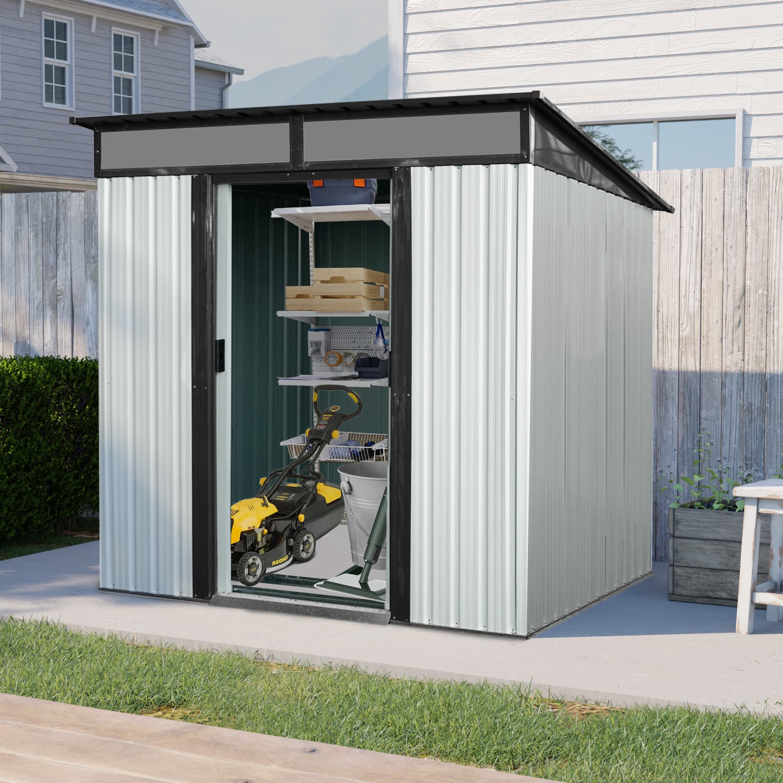 6ft X 5ft Outdoor Metal Storage Shed With Lockable Sliding Doors And Transparent Plate For Garden, Lawn White And Black