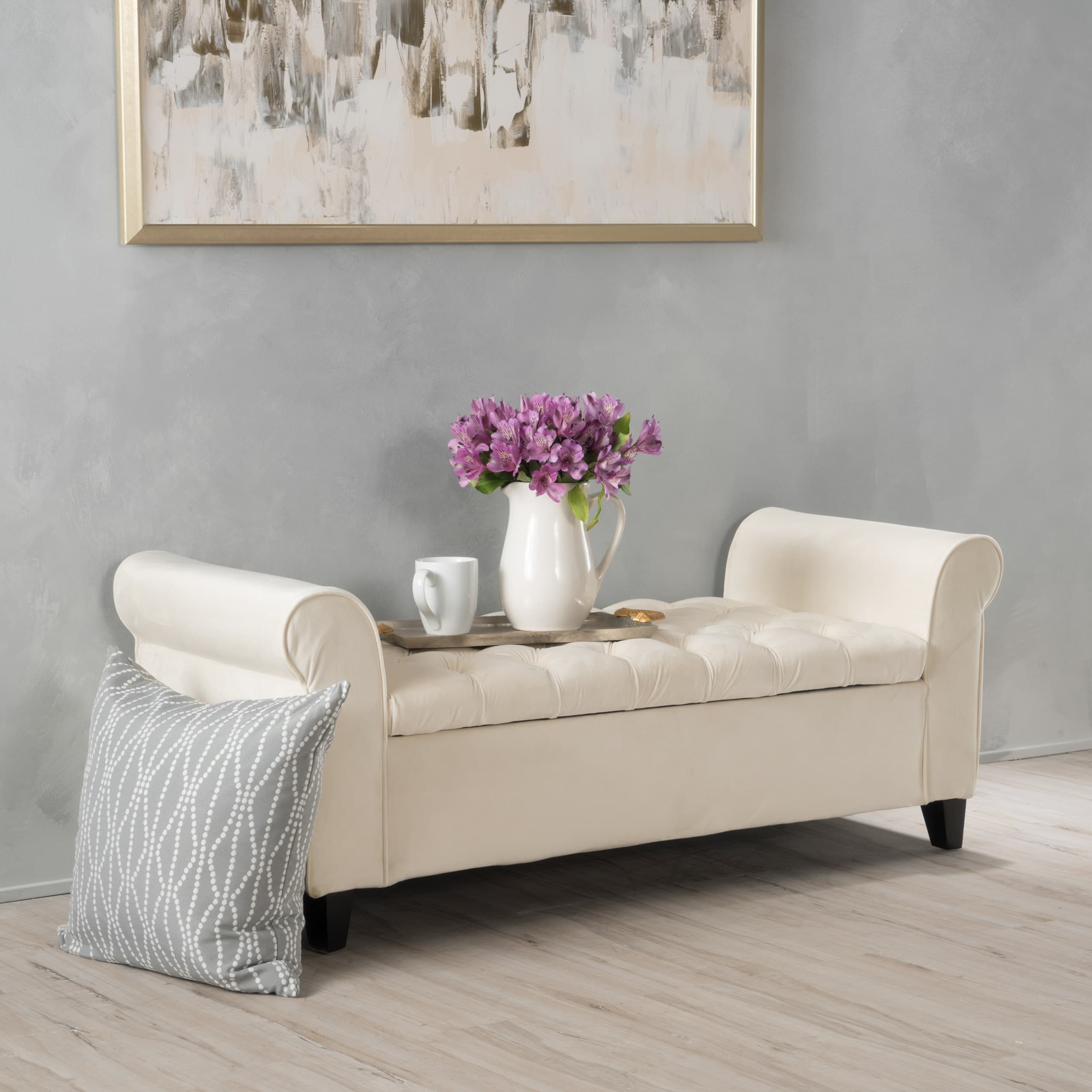 Lvory Fabric Storage Bench With Rolled Arms, 38 Seat Width, Black Legs, Button Fabric Design, Living Room Bedroom Entryway Furniture