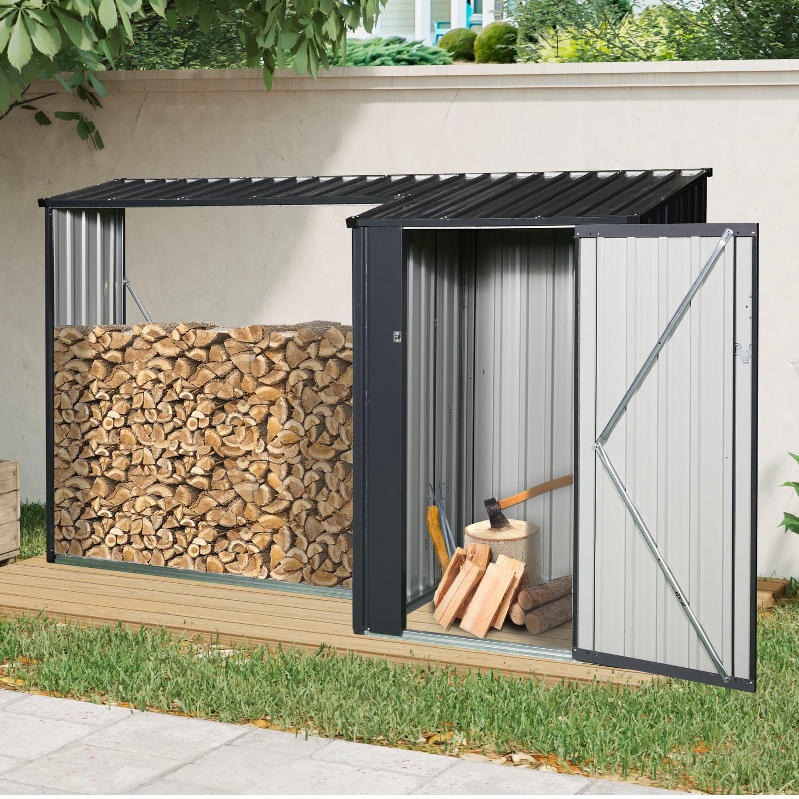 Outdoor Steel Firewood Rack And Metal Storage Shed,Two-In-One,Black Updated Version