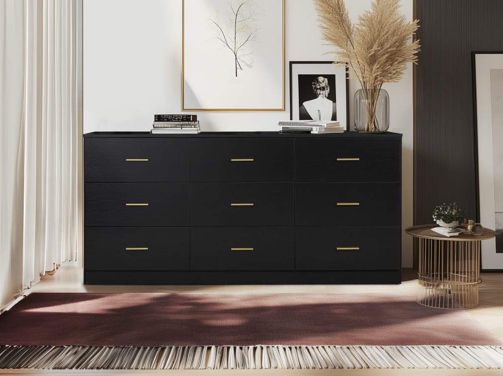 Modern Black 9-Drawer Dresser For Bedroom - Ample Storage Wide Chest Of Drawers, Sturdy & Safe
