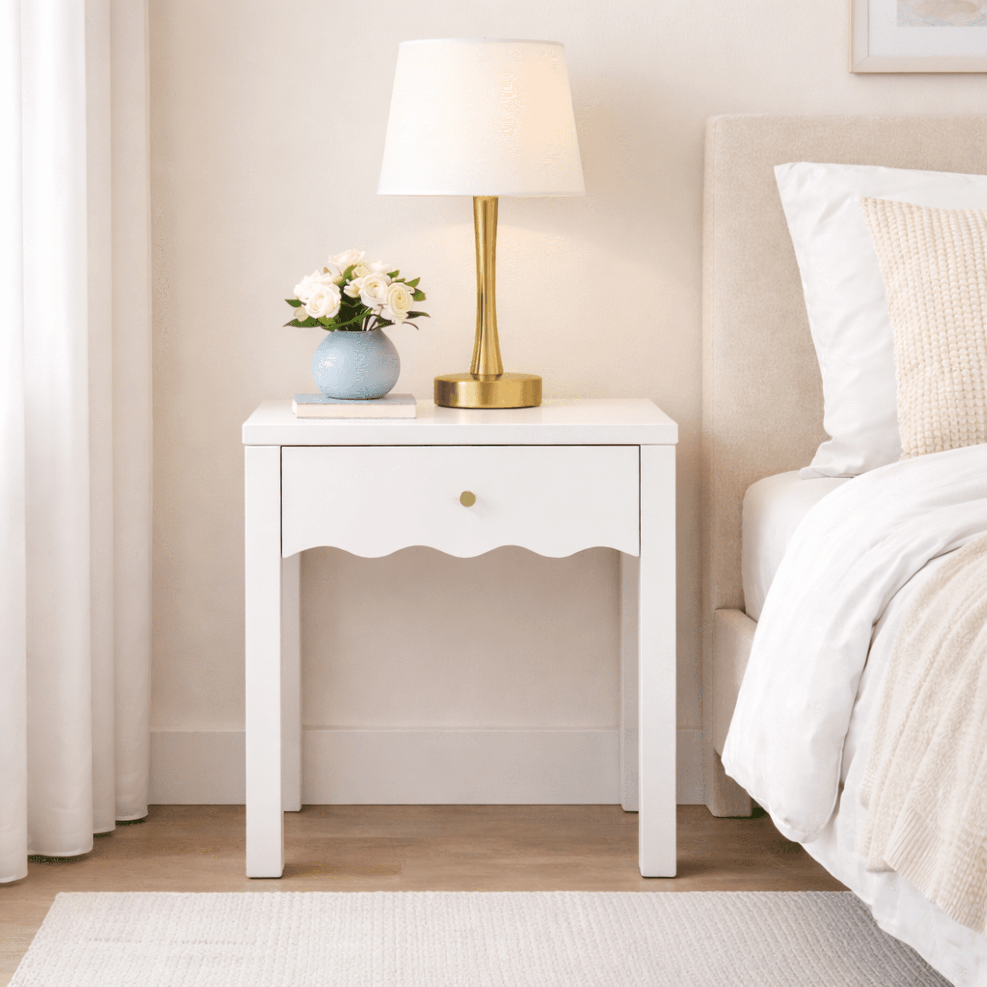 White Nightstand With Drawer, Modern Bedside Table With Wavy Apron Design, Compact End Table For Bedroom Living Room, Small Side Table With Storage