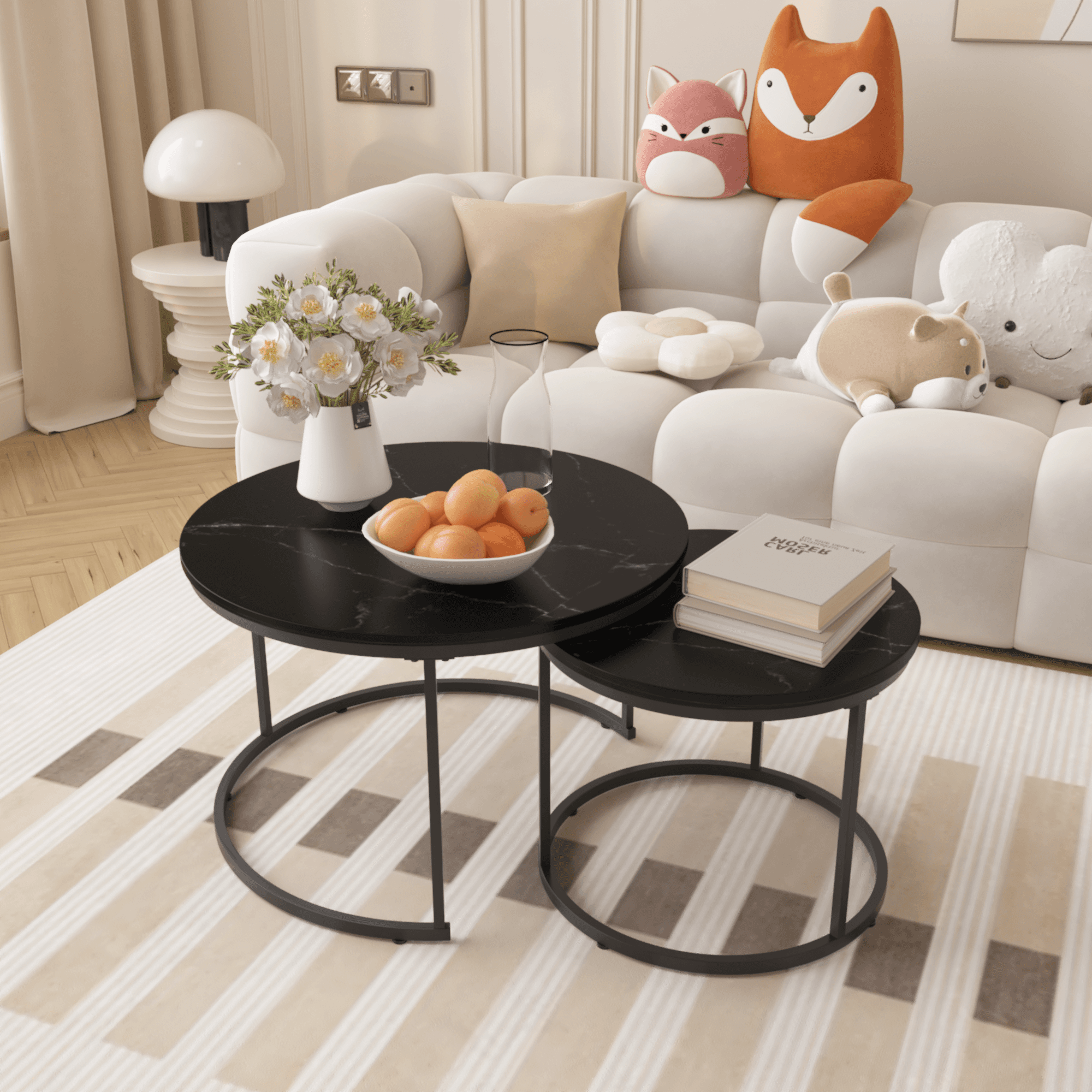 Nesting Coffee Table Set Of 2, 27.6inch Round Coffee Table Wood Marble Pattern Top With Sturdy Metal Frame, End Table Side Tables For Living Room Bedroom Balcony Yard Black
