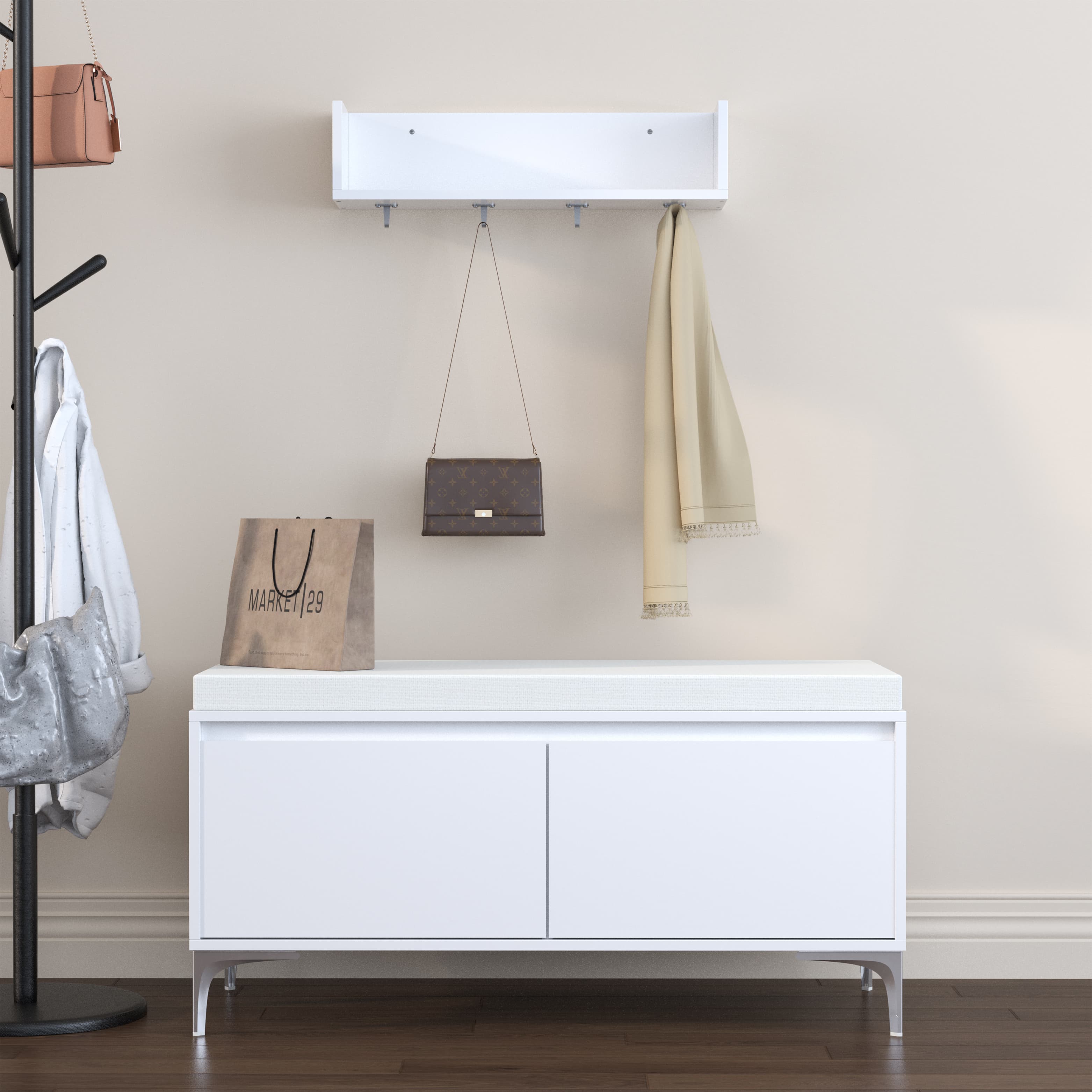 Wall-Mounted Entryway Shelf With Hooks And Storage Bench Set, Modern White Shoe Cabinet With Cushion And Closed Storage For Hallway, Bedroom, Or Mudroom