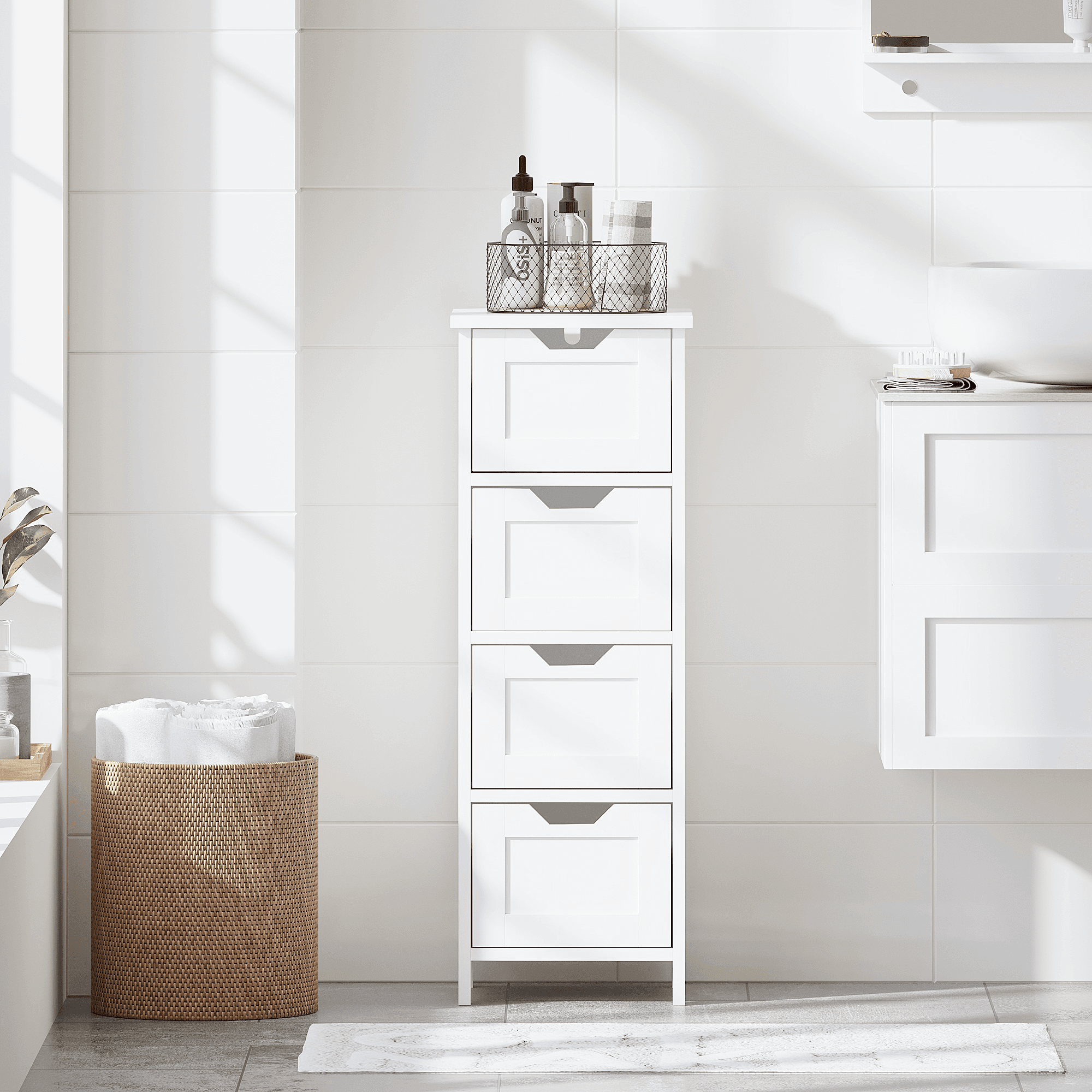 Bathroom Floor Cabinet With 4 Drawers, Freestanding Wooden Storage Organizer For Bathroom, Hallway Or Living Room, Narrow White Side Cabinet With Space-Saving Vertical Design, White