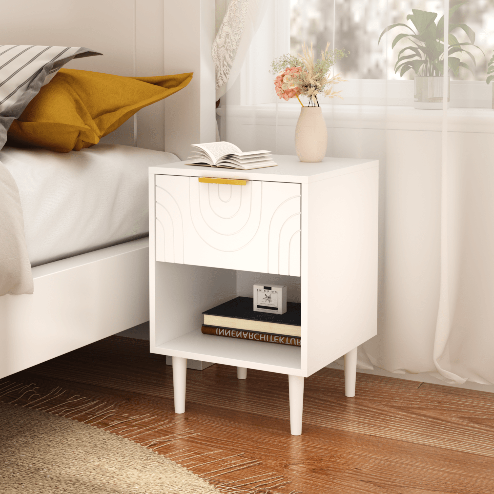 22.83'' H Modern White Nightstand With One Drawer And Open Shelf, Gold - Accented Handle, Ideal For Bedroom Decor