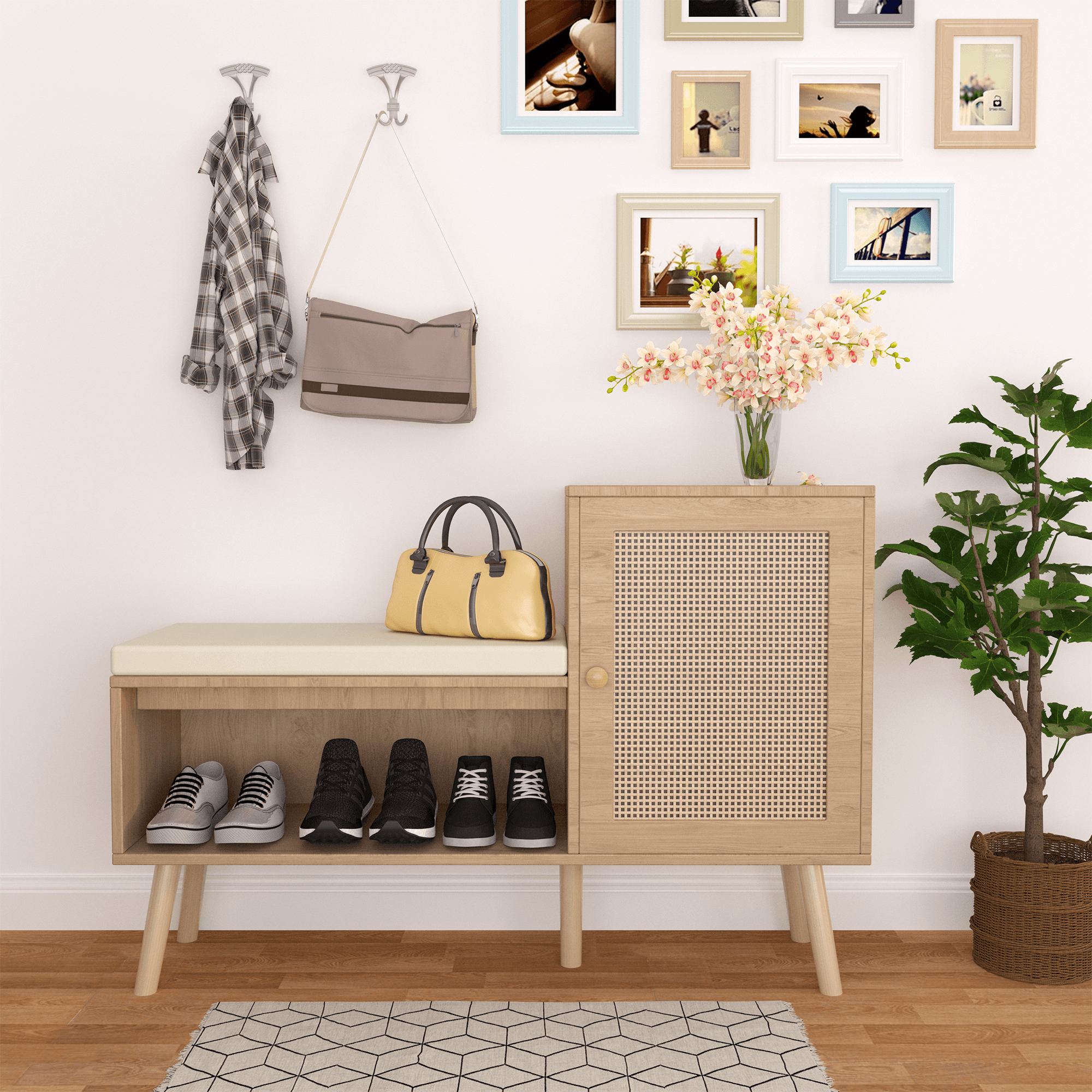 2-in-1 Shoe Storage Bench, PP Rattan Shoe Cabinet With 2 Adjustable Shelves And Removable Seat Cushion, Modern Entryway Bench, Shoe Storage Organizer, Shoe Rack For Hallway, Bedroom