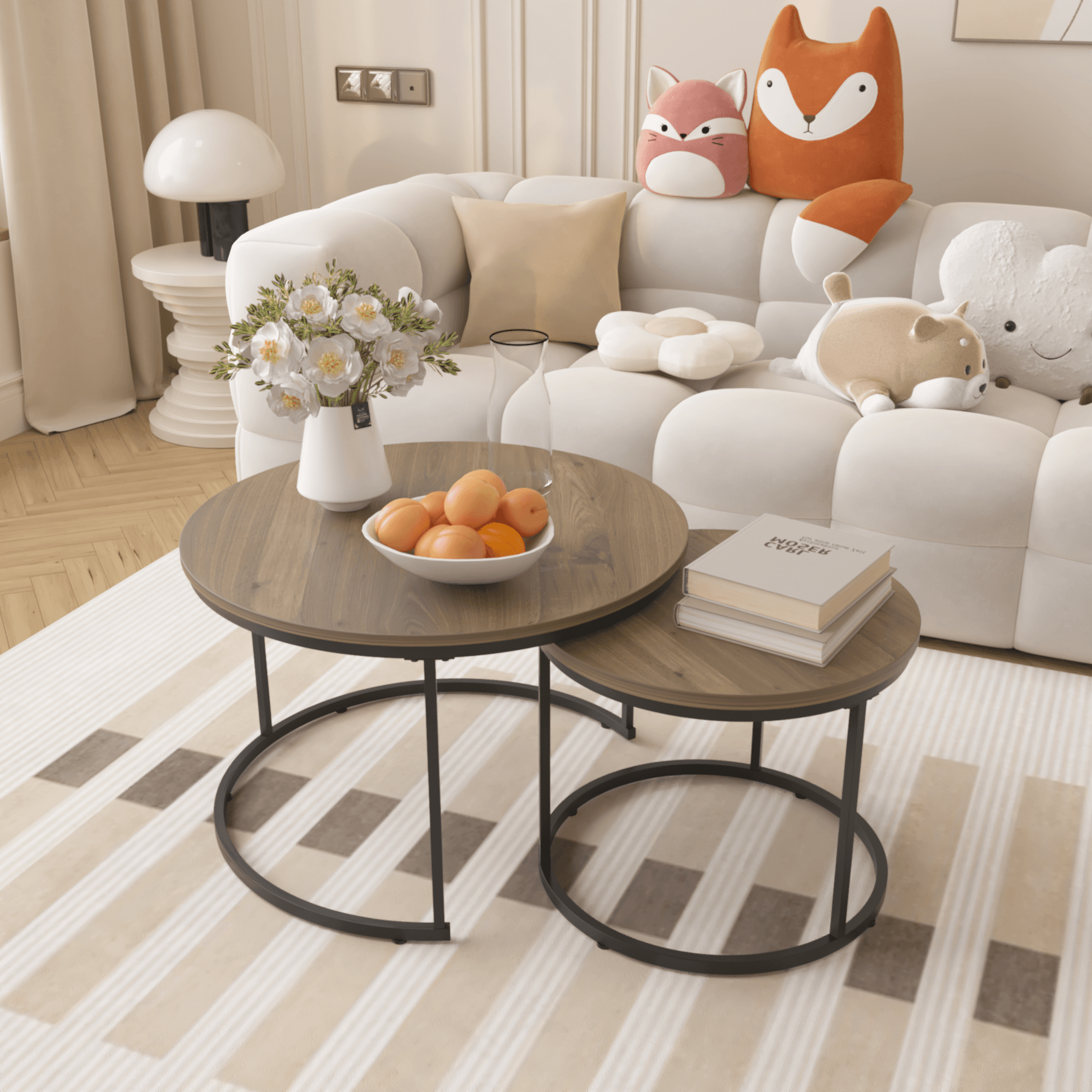 Nesting Coffee Table Set Of 2, 27.6inch Round Coffee Table Industrial Wood Finish With Sturdy Metal Frame, End Table Side Tables For Living Room Bedroom Balcony Yard Brown