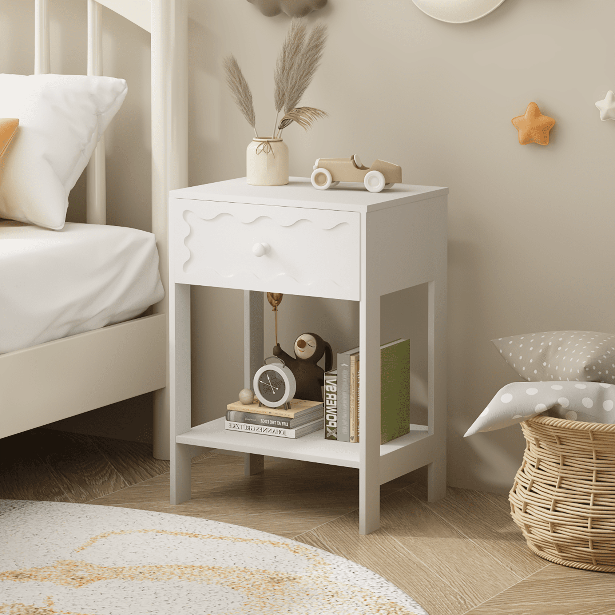 White Nightstand With Drawer And Open Shelf, Modern Wave Pattern Bedside Table, Solid Wood Frame End Table For Bedroom, Living Room, Small Spaces
