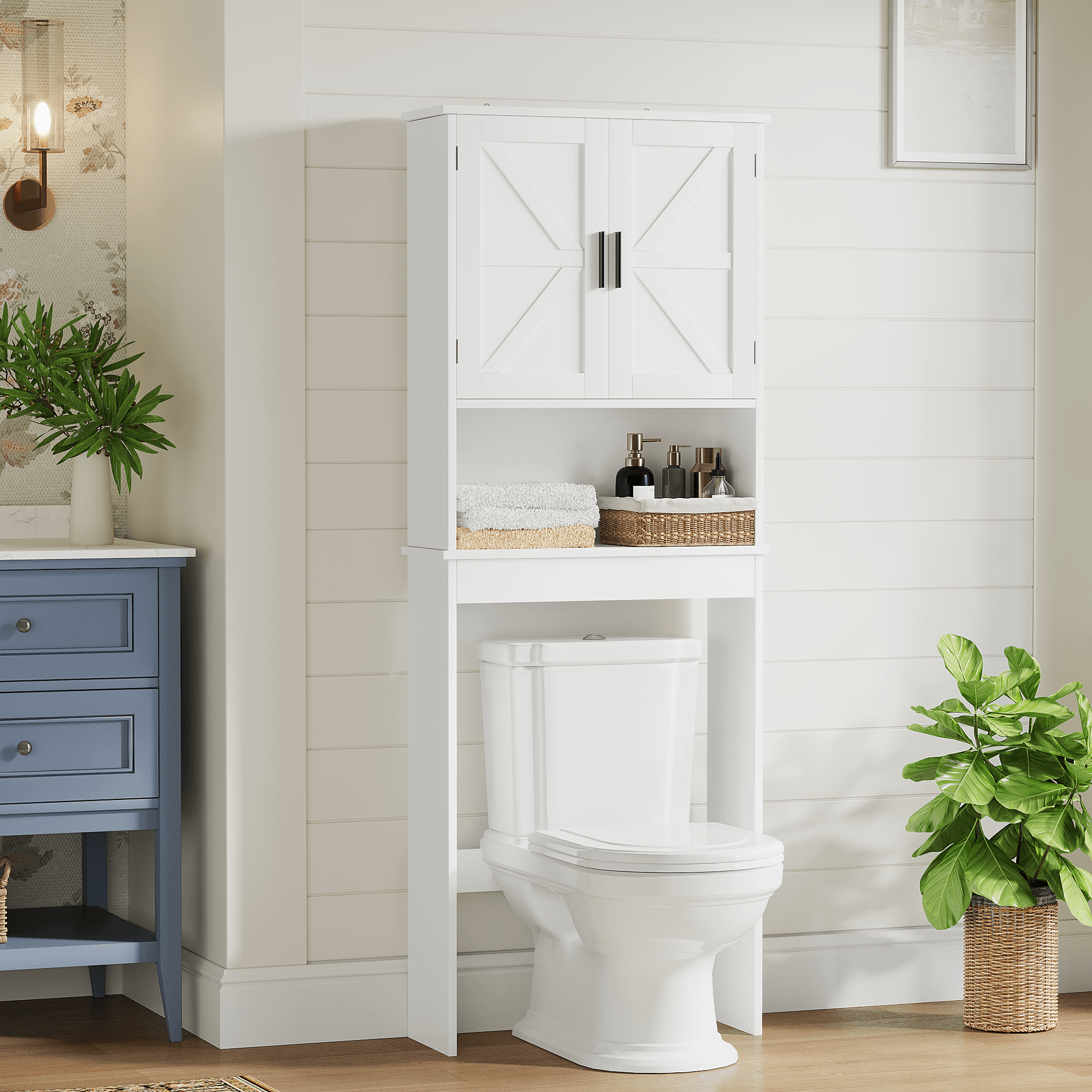 Over The Toilet Storage Cabinet With Adjustable Shelf, Bathroom Space Saver Organizer With Double Doors And Open Shelf, Freestanding Toilet Rack For Small Bathroom White