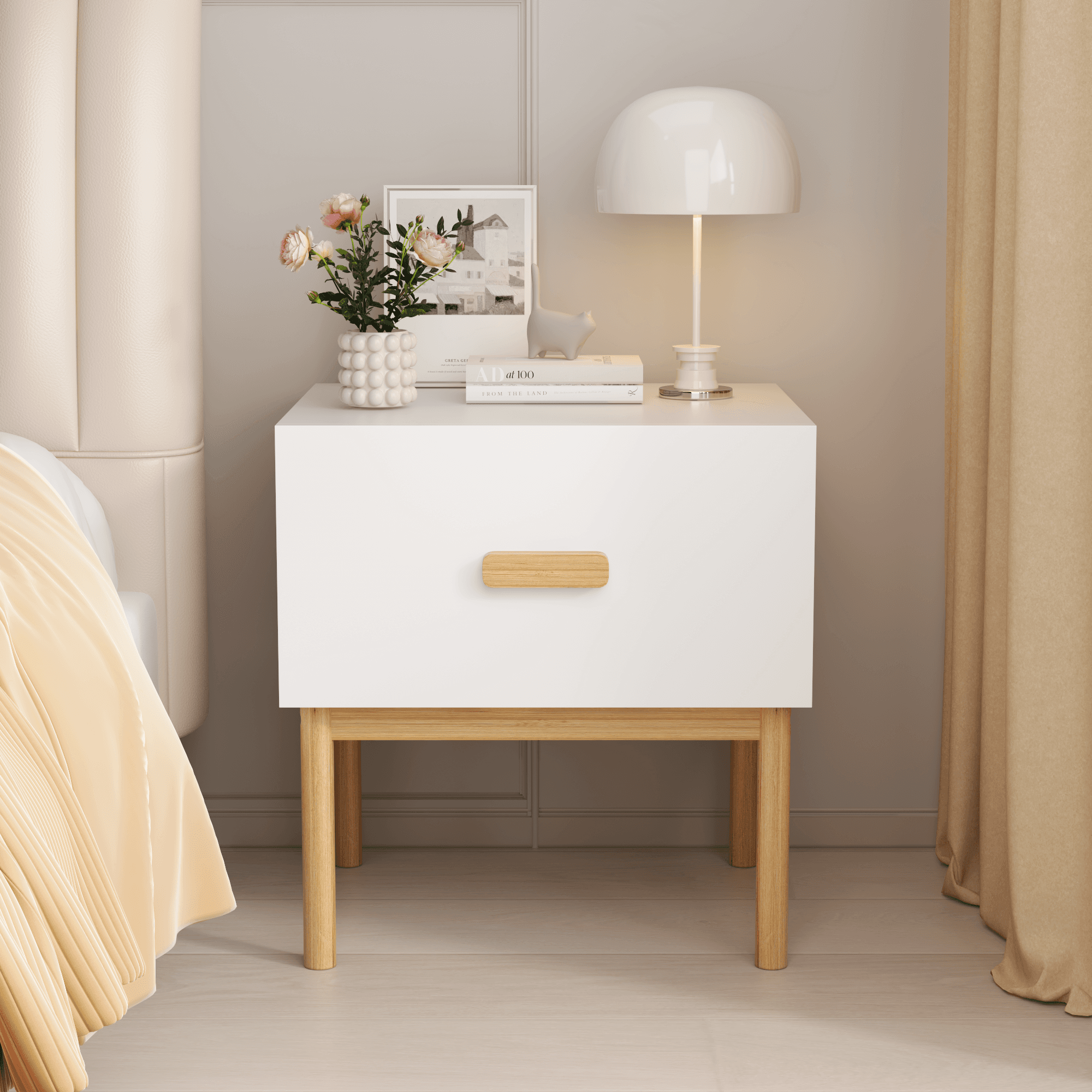 Modern White Nightstand With Drawer And Wood Legs, Minimalist Bedside Table With Handle For Bedroom, Living Room, Apartment