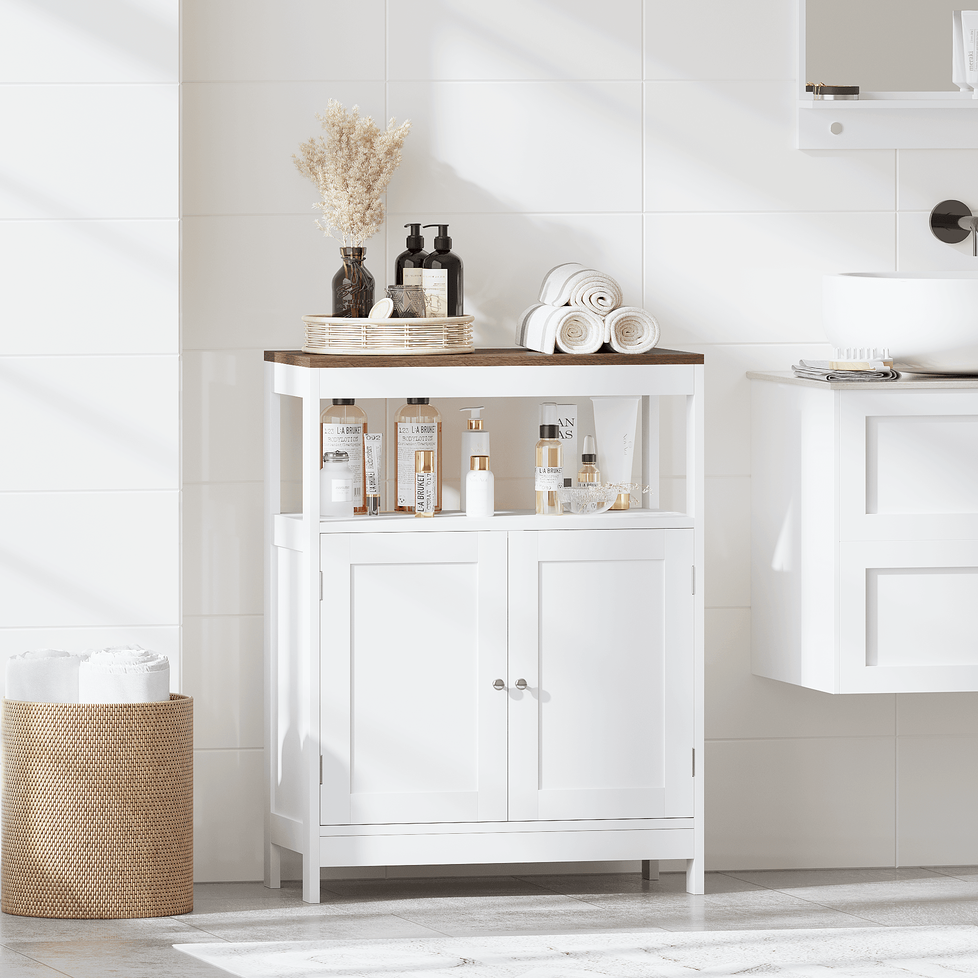Modern Storage Cabinet With Double Doors, Free-Standing Bathroom Cabinet With Adjustable Shelf And Natural Wood Top, Multi-Purpose Organizer For Kitchen, Living Room, Bathroom Or Entryway White