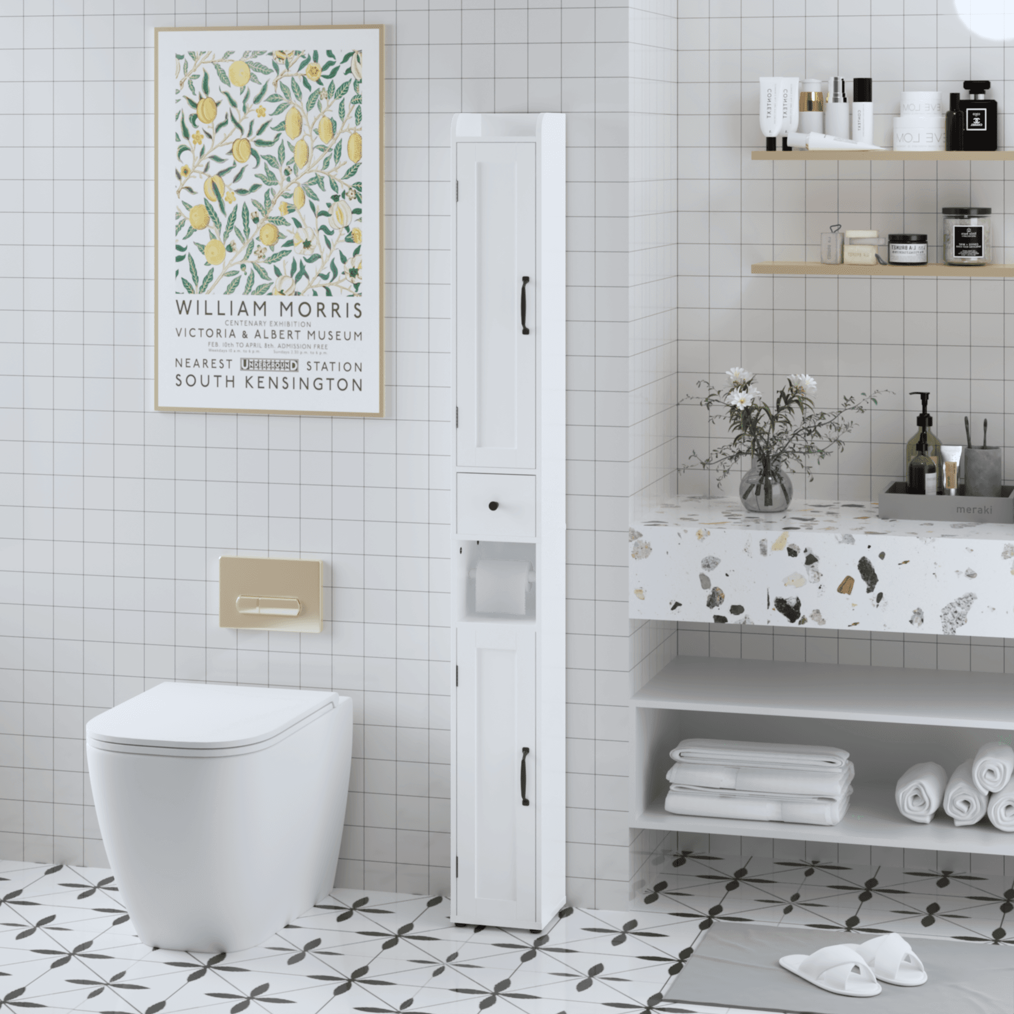 67.51 Tall Bathroom Storage Cabinet With Adjustable Shelves,Slim 2 Doors Freestanding Cabinet With Anti-Tip, Open Compartments, For Home, Small Spaces, Bathroom,Kitchen, Living Room, White